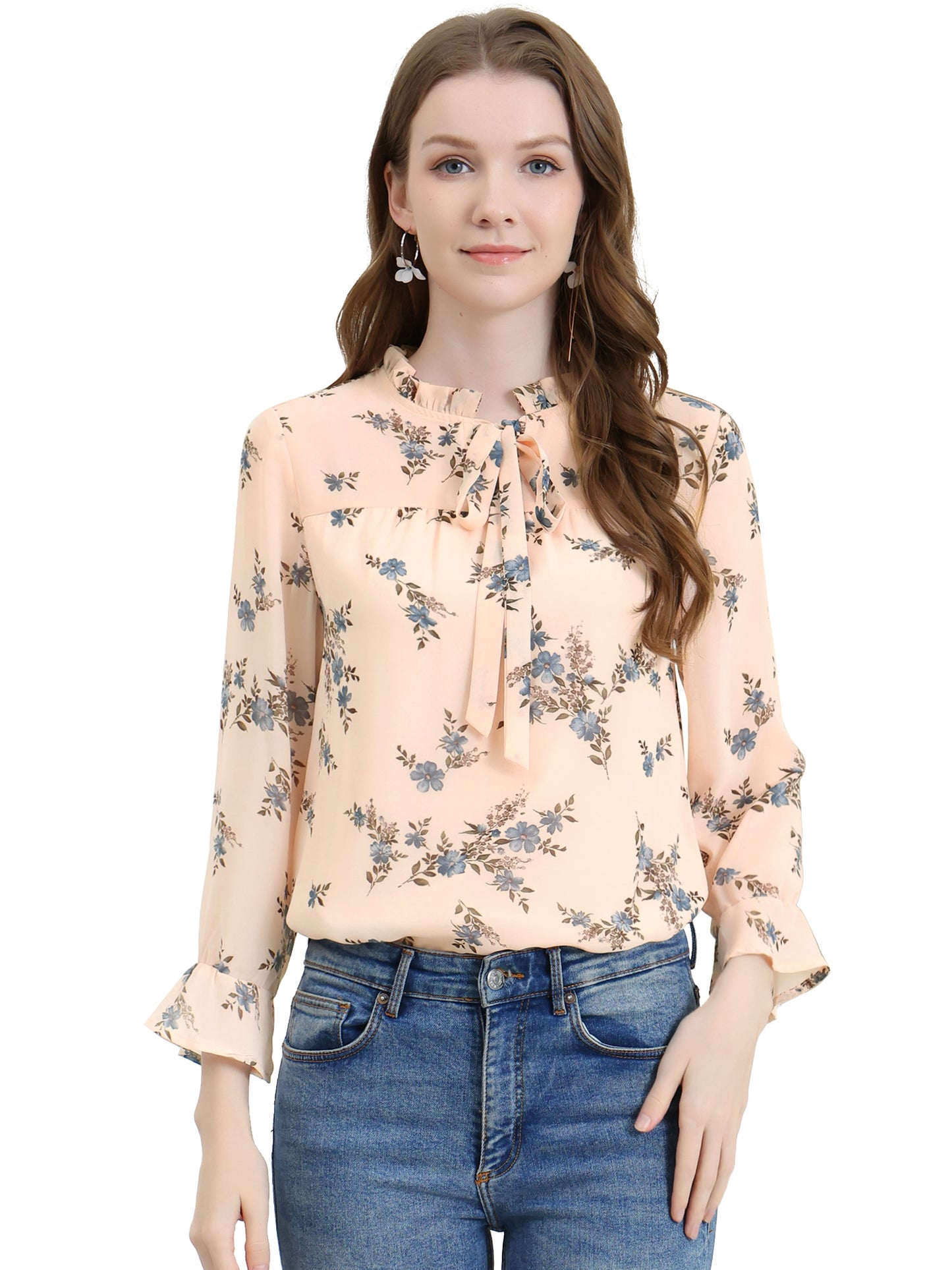Blusa de gasa con estampado floral, cuello con volantes, mangas 3/4 y lazo para mujer