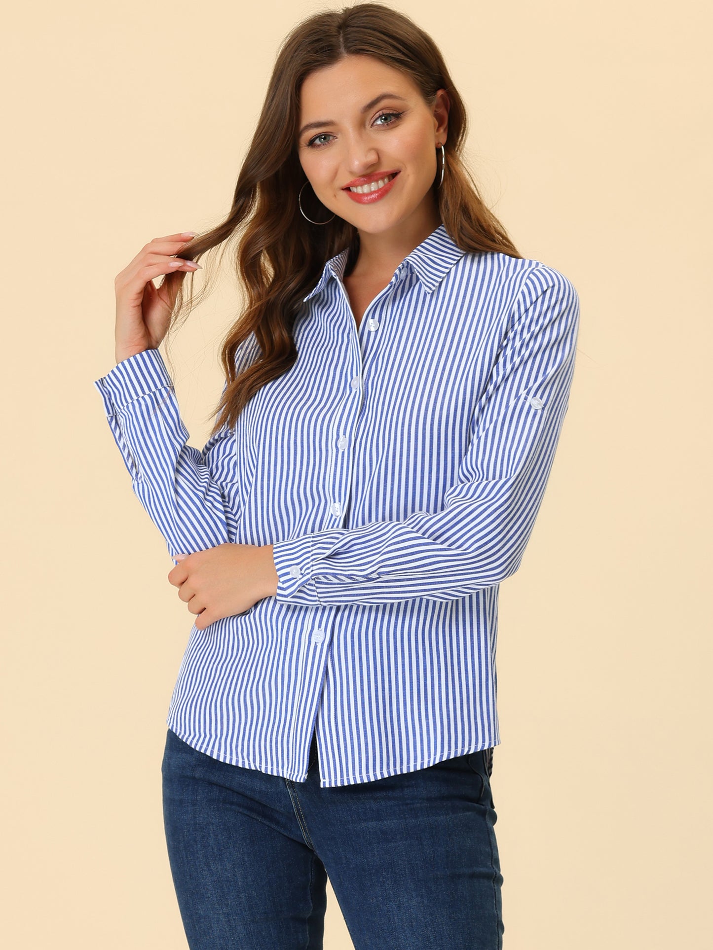 Women's Striped Button Down Roll-Up Long Sleeves Point Collar Shirt (Available in Plus Size)