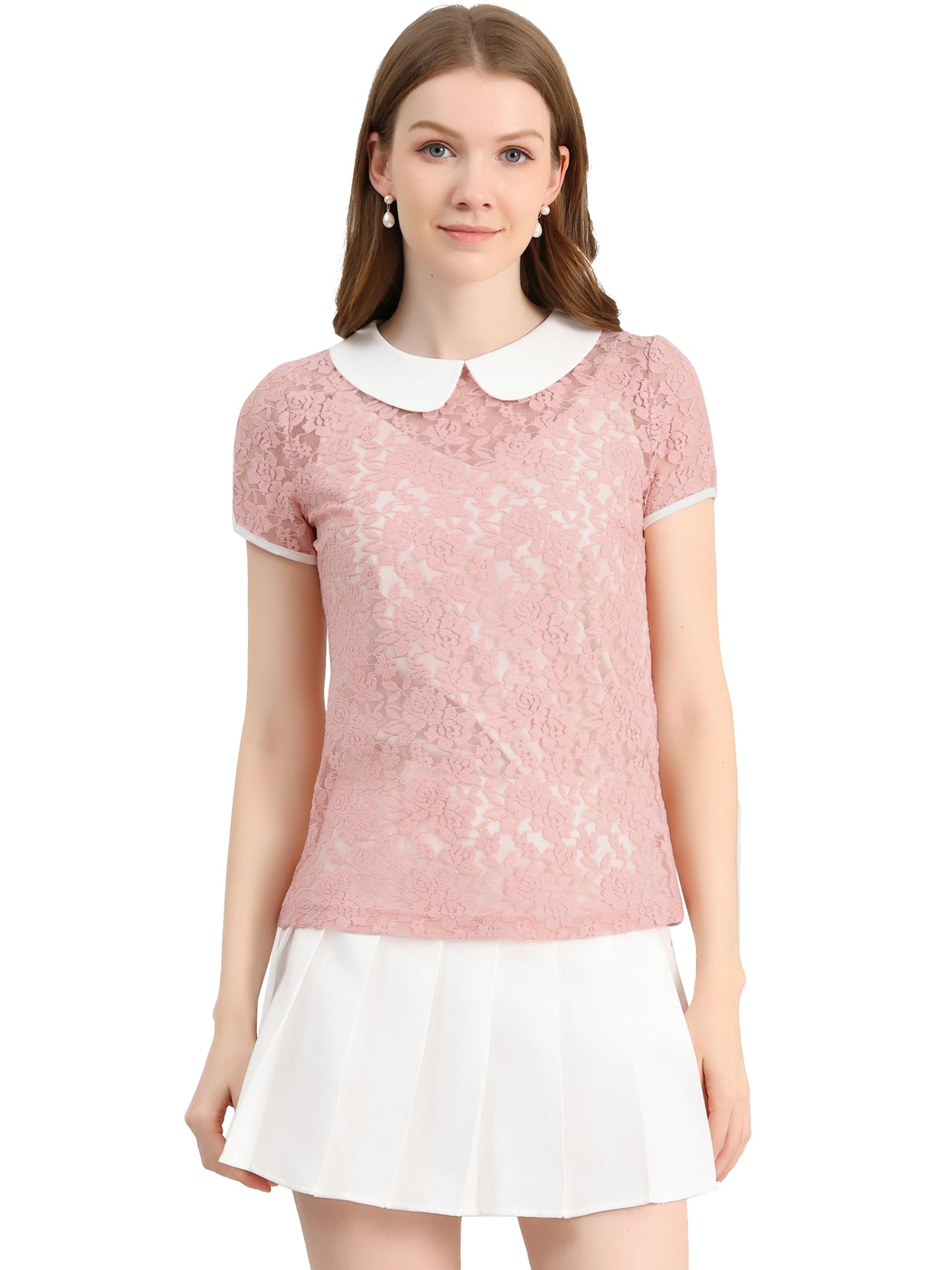 Women's Contrast Peter Pan Collar Blouse Short Sleeve Sheer Lace Top