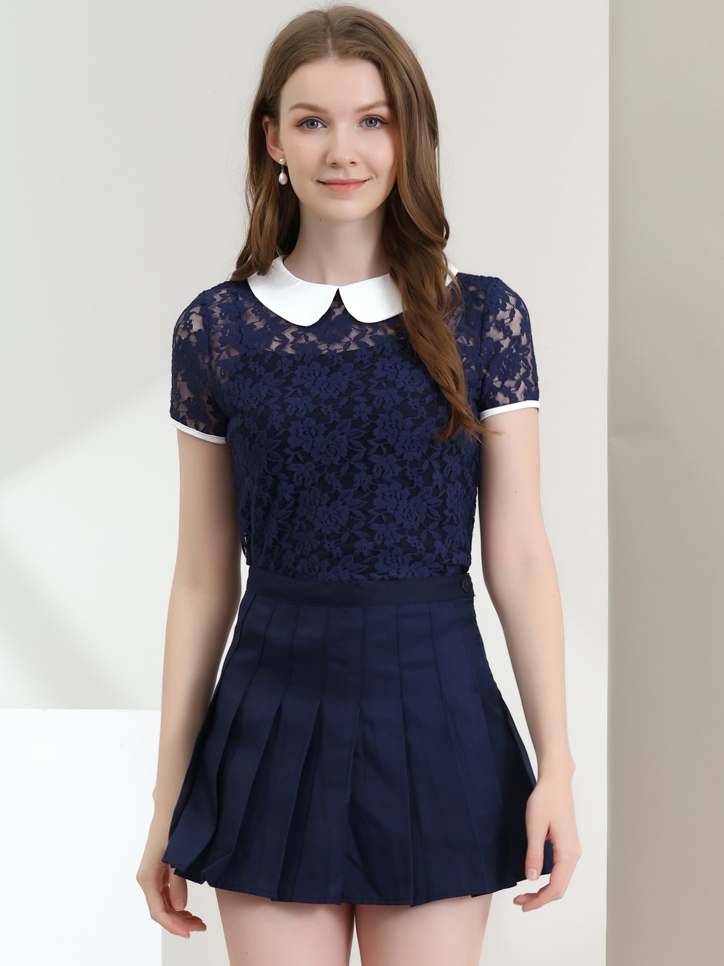 Women's Contrast Peter Pan Collar Blouse Short Sleeve Sheer Lace Top