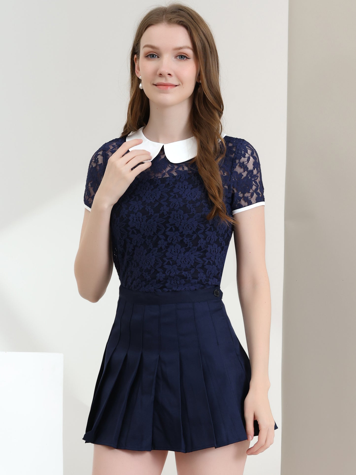 Women's Contrast Peter Pan Collar Blouse Short Sleeve Sheer Lace Top