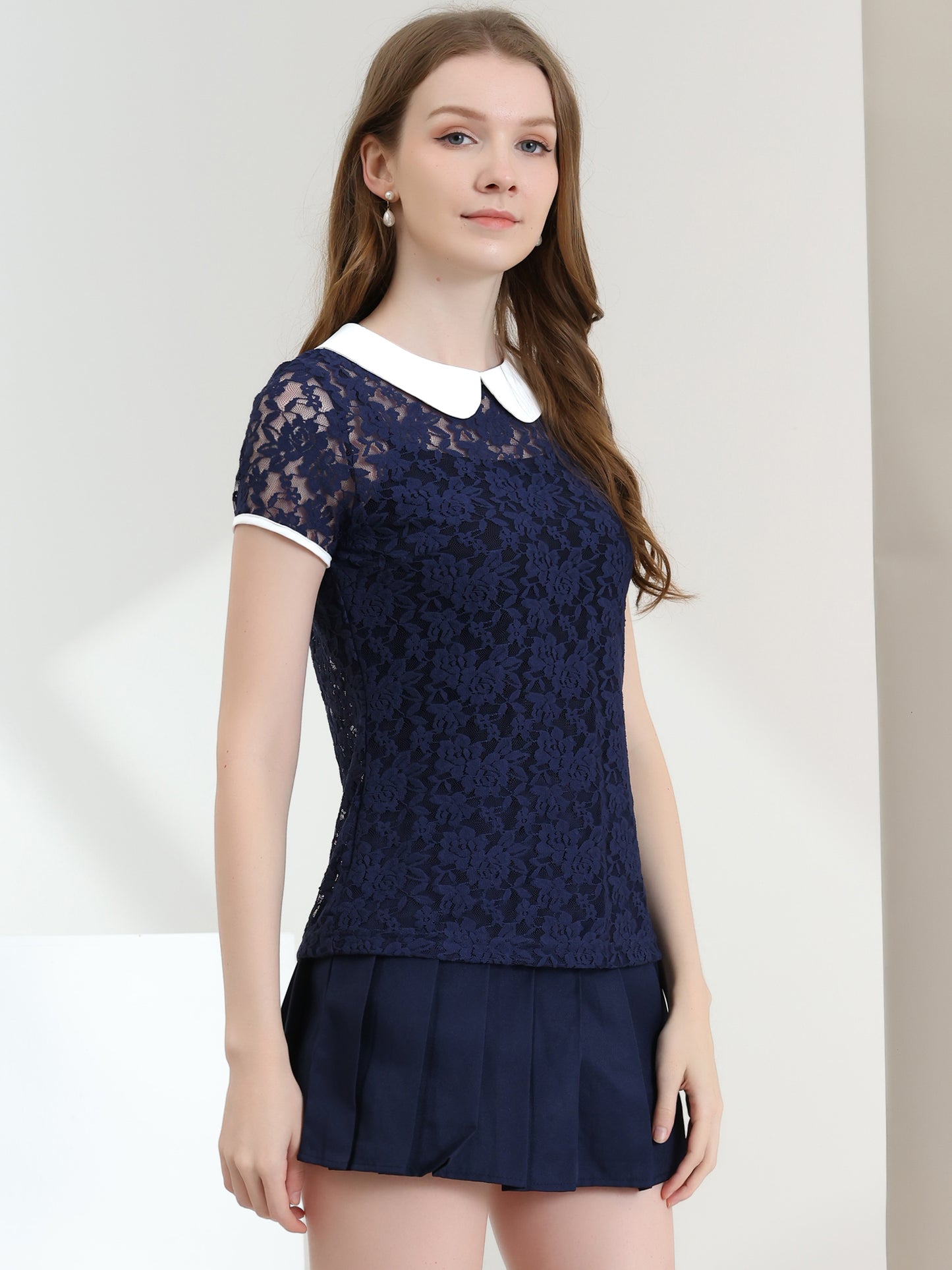 Women's Contrast Peter Pan Collar Blouse Short Sleeve Sheer Lace Top
