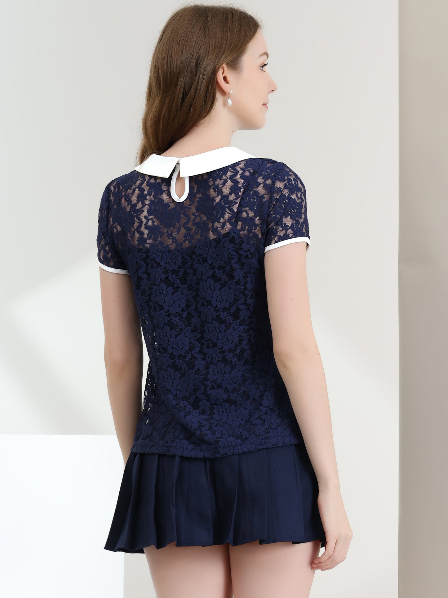Women's Contrast Peter Pan Collar Blouse Short Sleeve Sheer Lace Top