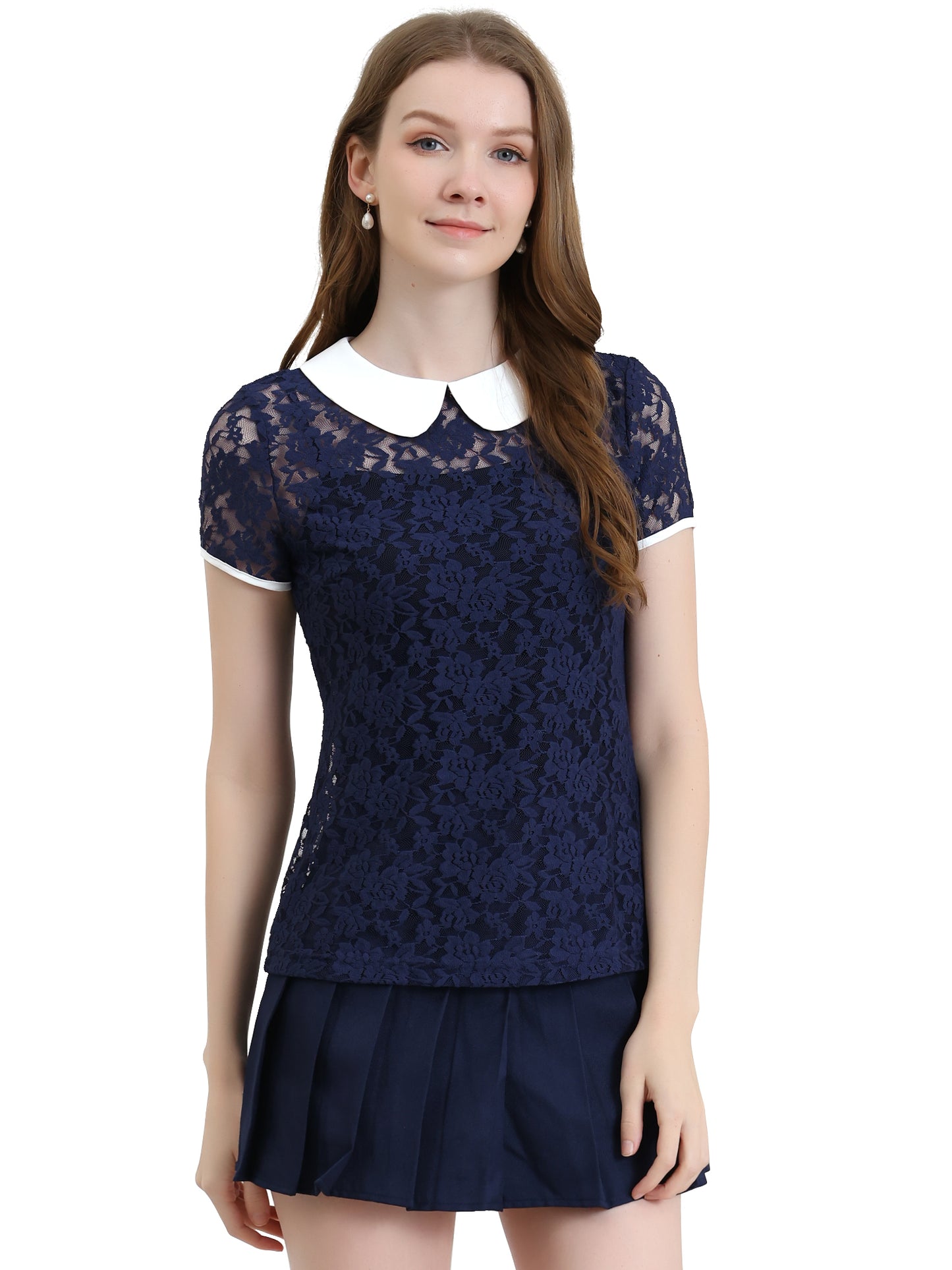 Women's Contrast Peter Pan Collar Blouse Short Sleeve Sheer Lace Top