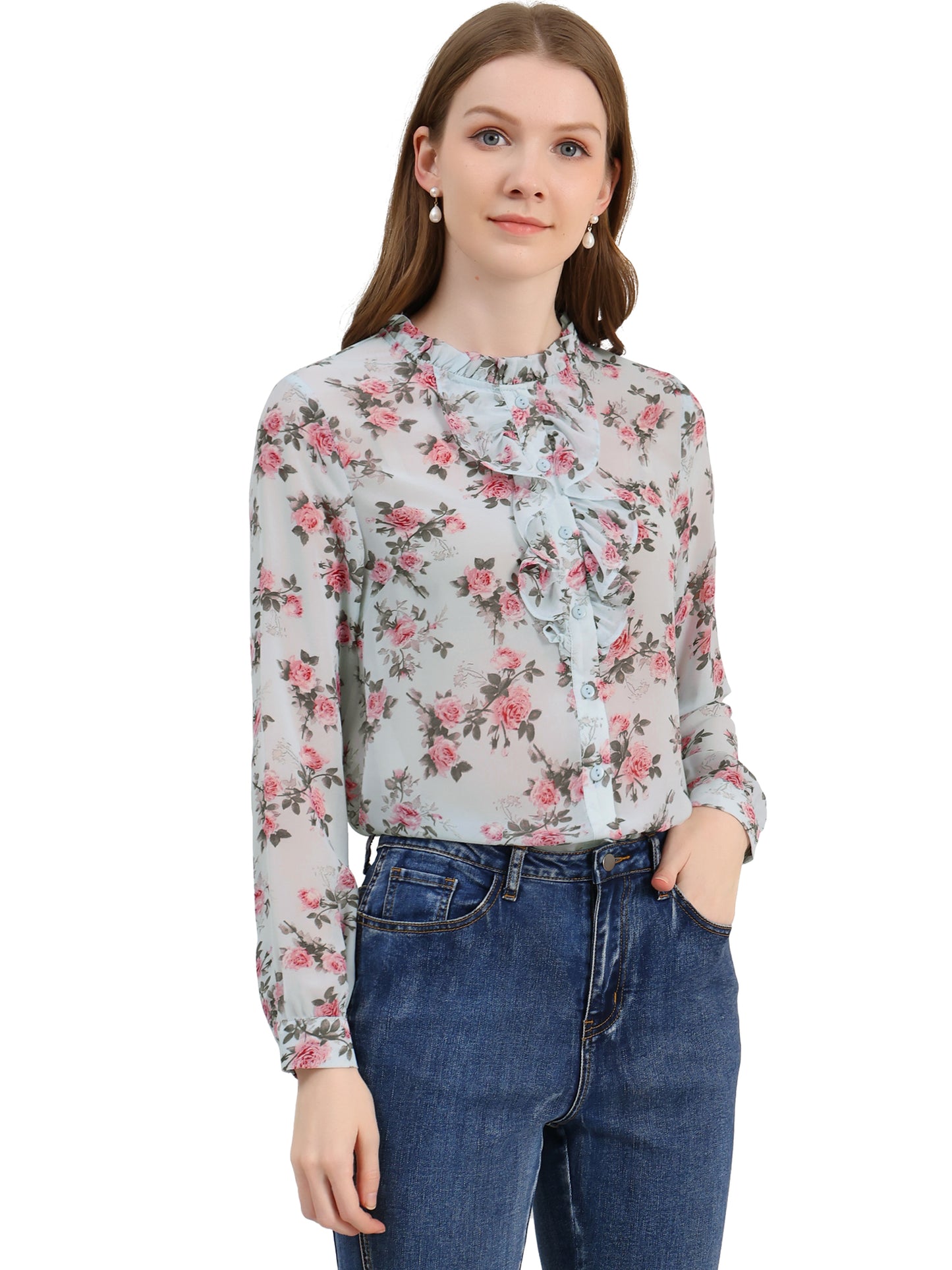 Women's Floral Blouse Shirt Long Sleeve Retro Ruffled Button Down Chiffon Top
