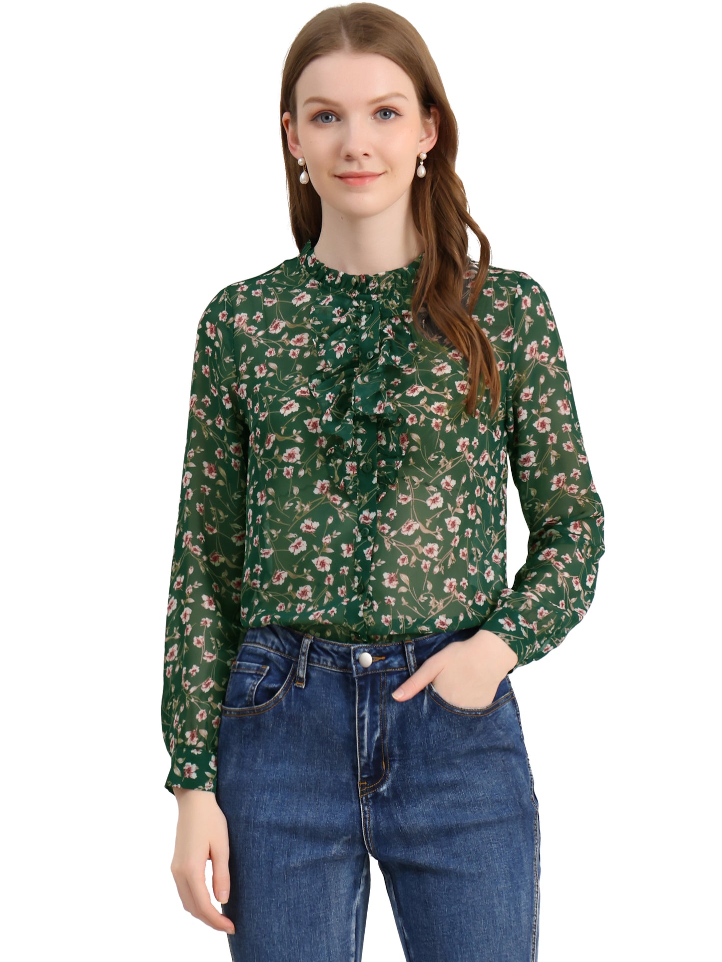 Women's Floral Blouse Shirt Long Sleeve Retro Ruffled Button Down Chiffon Top