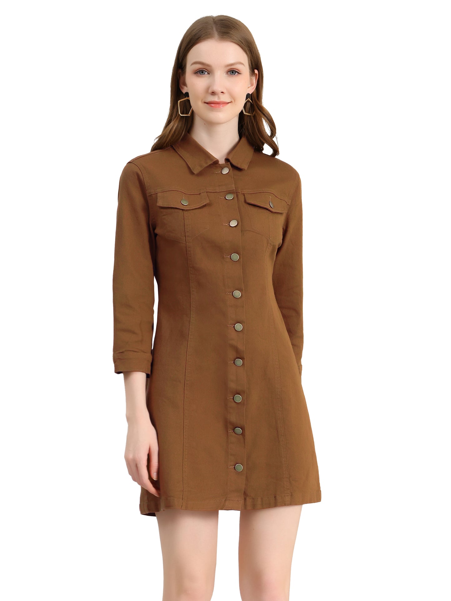Women's 3/4 Sleeve Button Down Denim Shirt Dress
