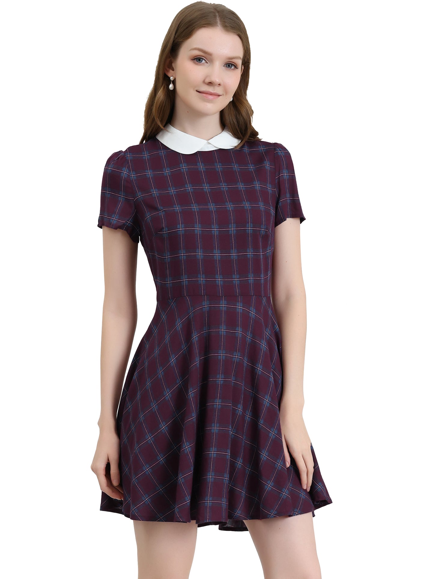Women Plaids Contrast Peter Pan Collar Puff Sleeves Above Knee Dress