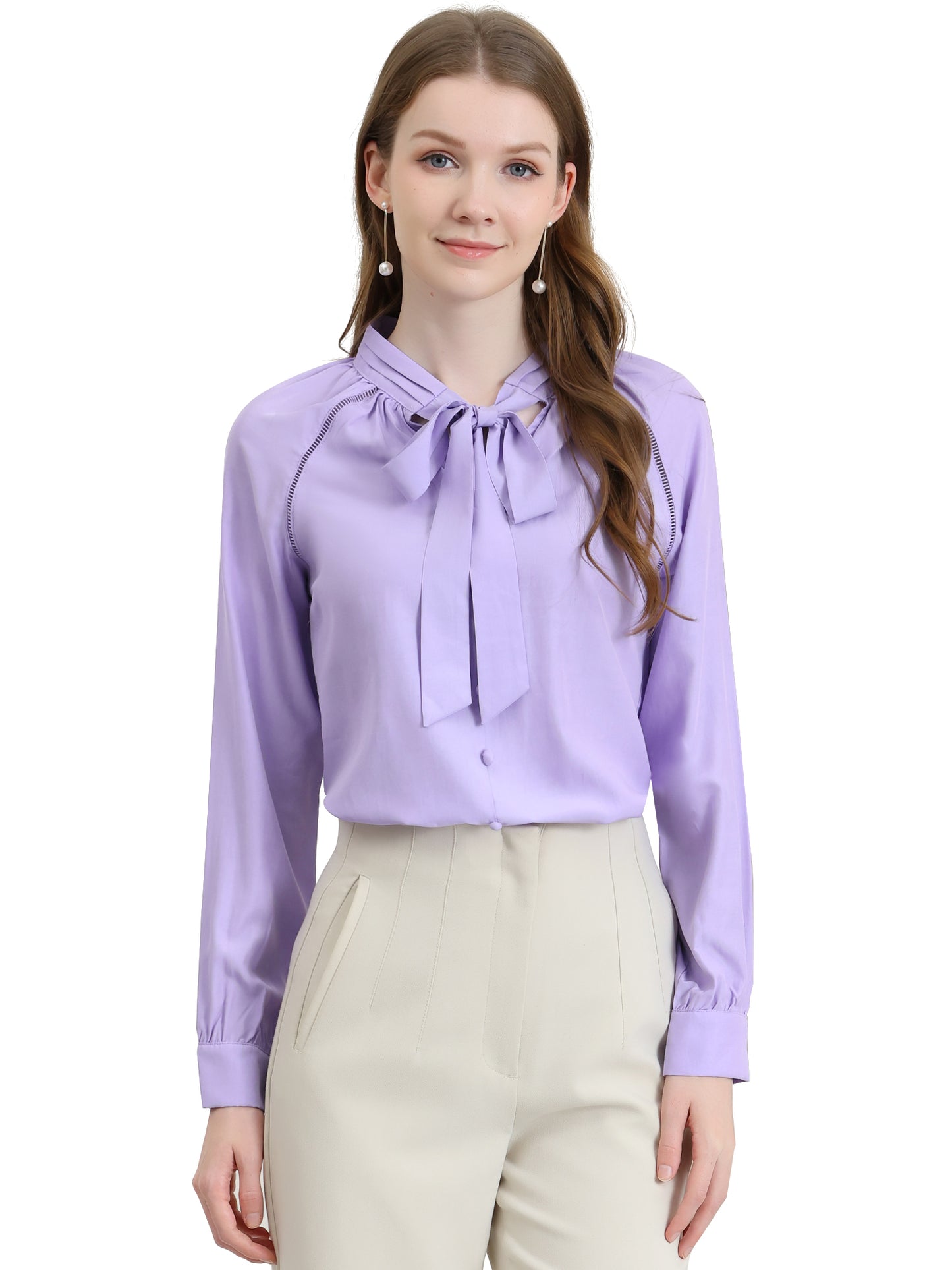 Women's Work Office Tops Bow Tie Neck Button Decor Long Sleeve Shirt Blouse