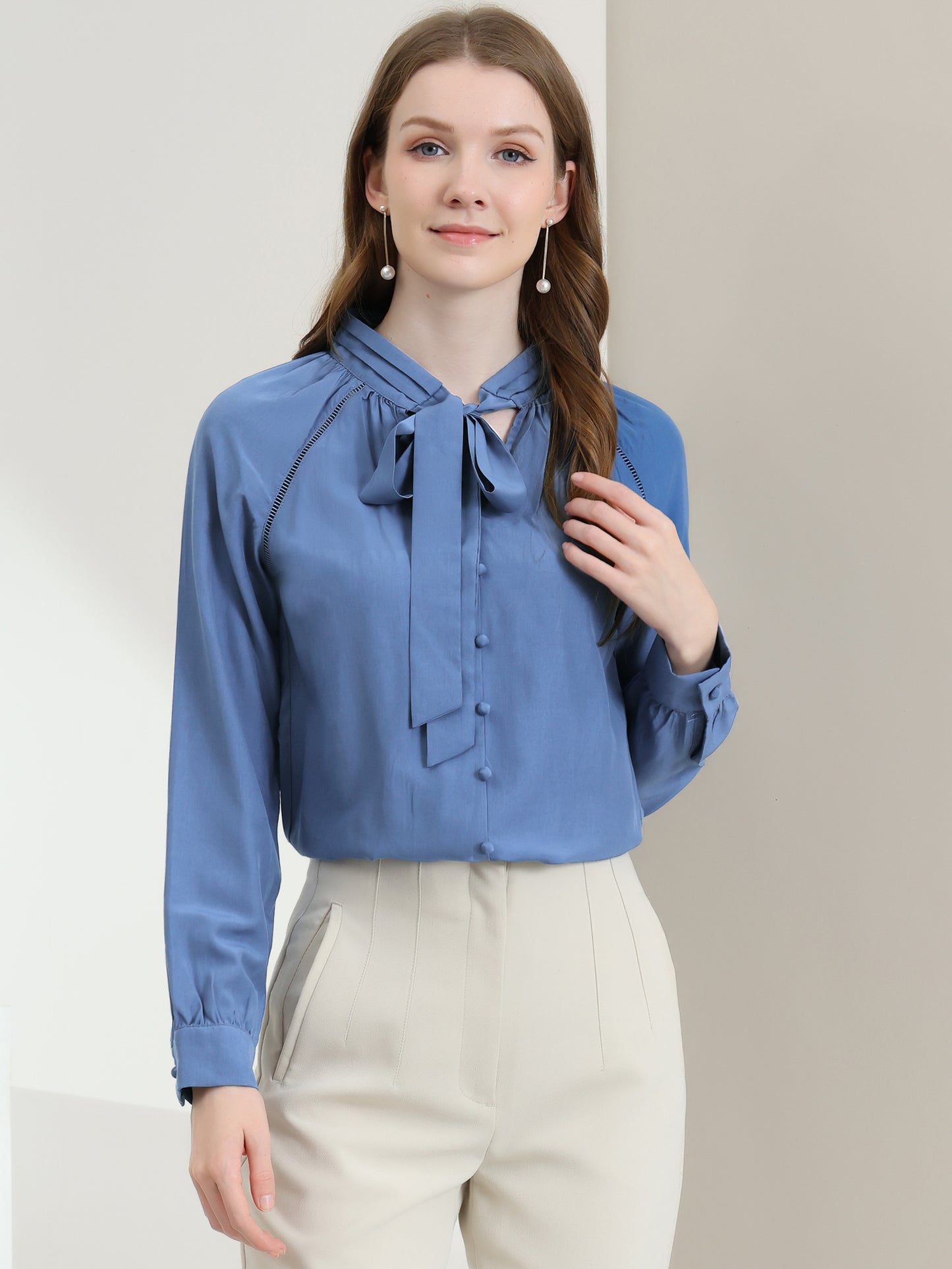 Women's Work Office Tops Bow Tie Neck Button Decor Long Sleeve Shirt Blouse