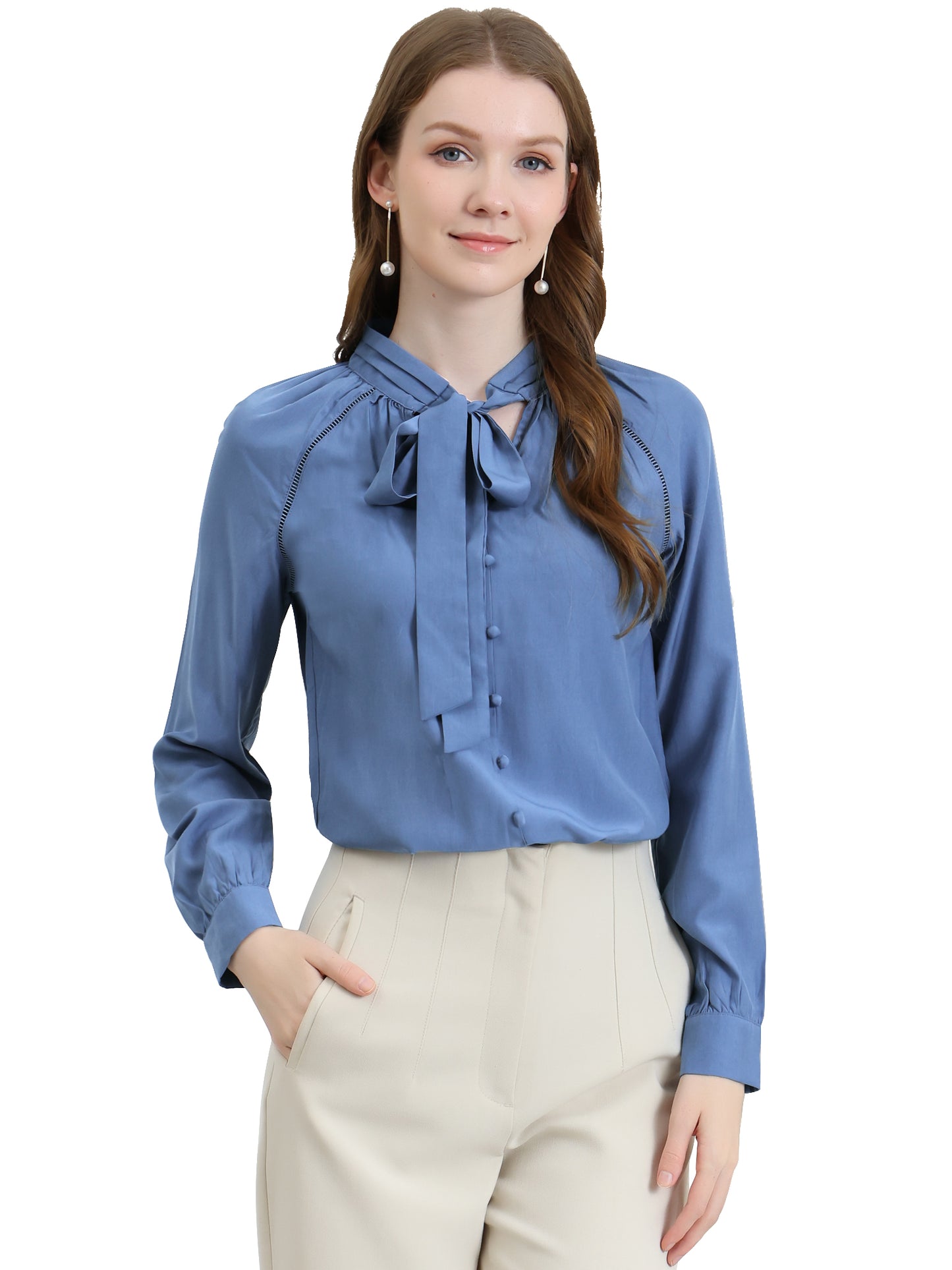Women's Work Office Tops Bow Tie Neck Button Decor Long Sleeve Shirt Blouse