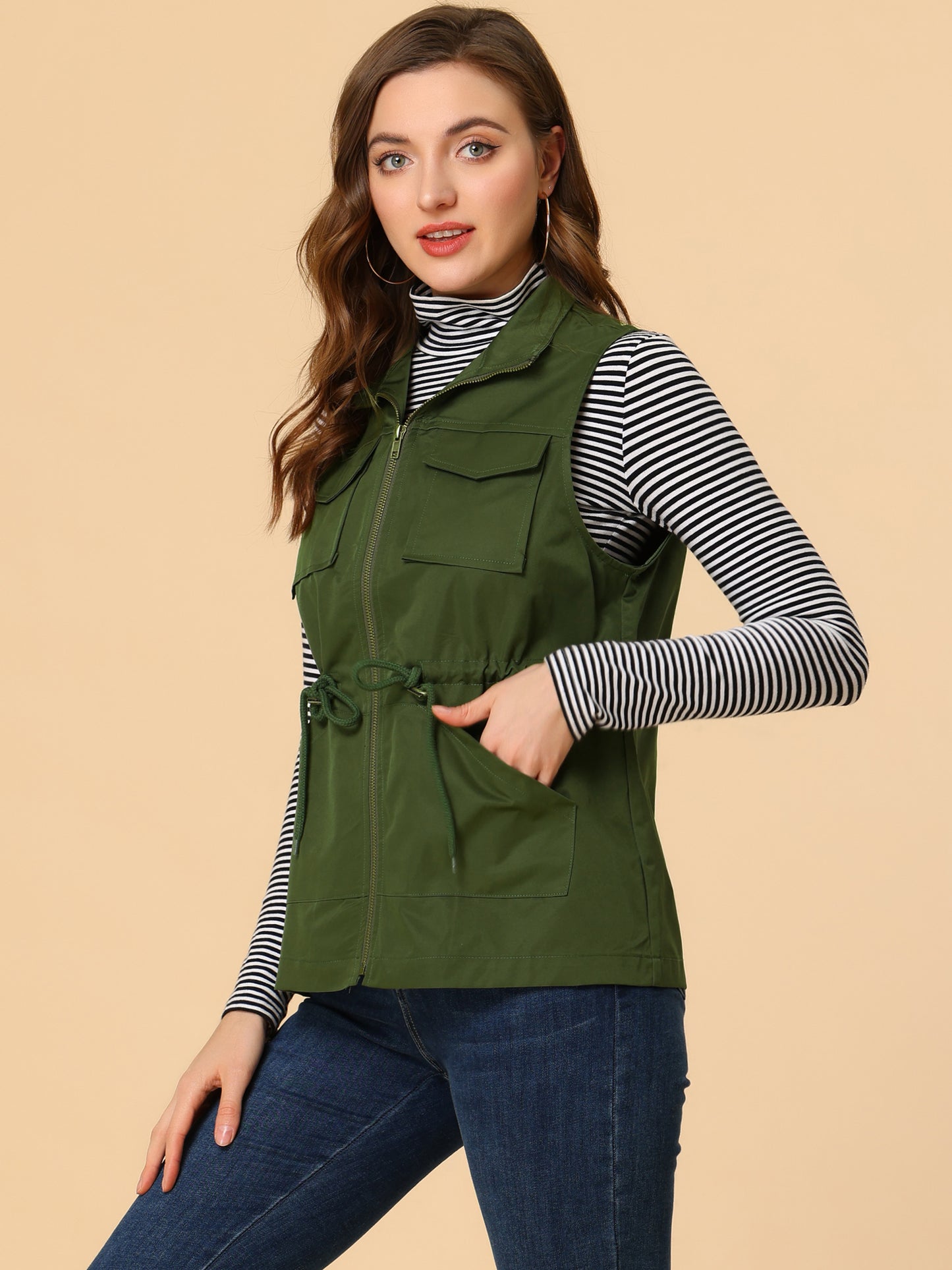 Women's Utility Sleeveless Casual Drawstring Zipper Cargo Vest