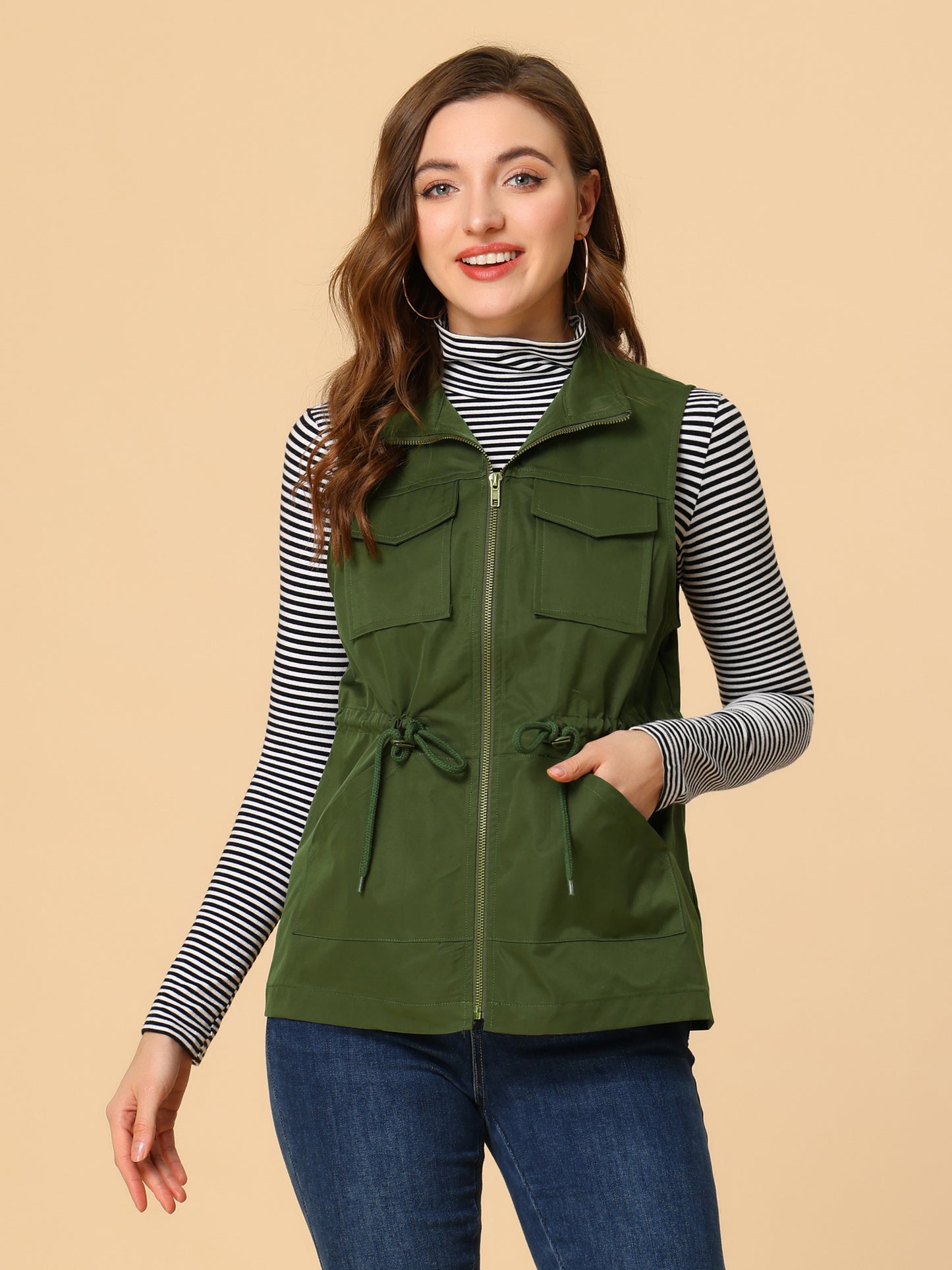 Women's Utility Sleeveless Casual Drawstring Zipper Cargo Vest