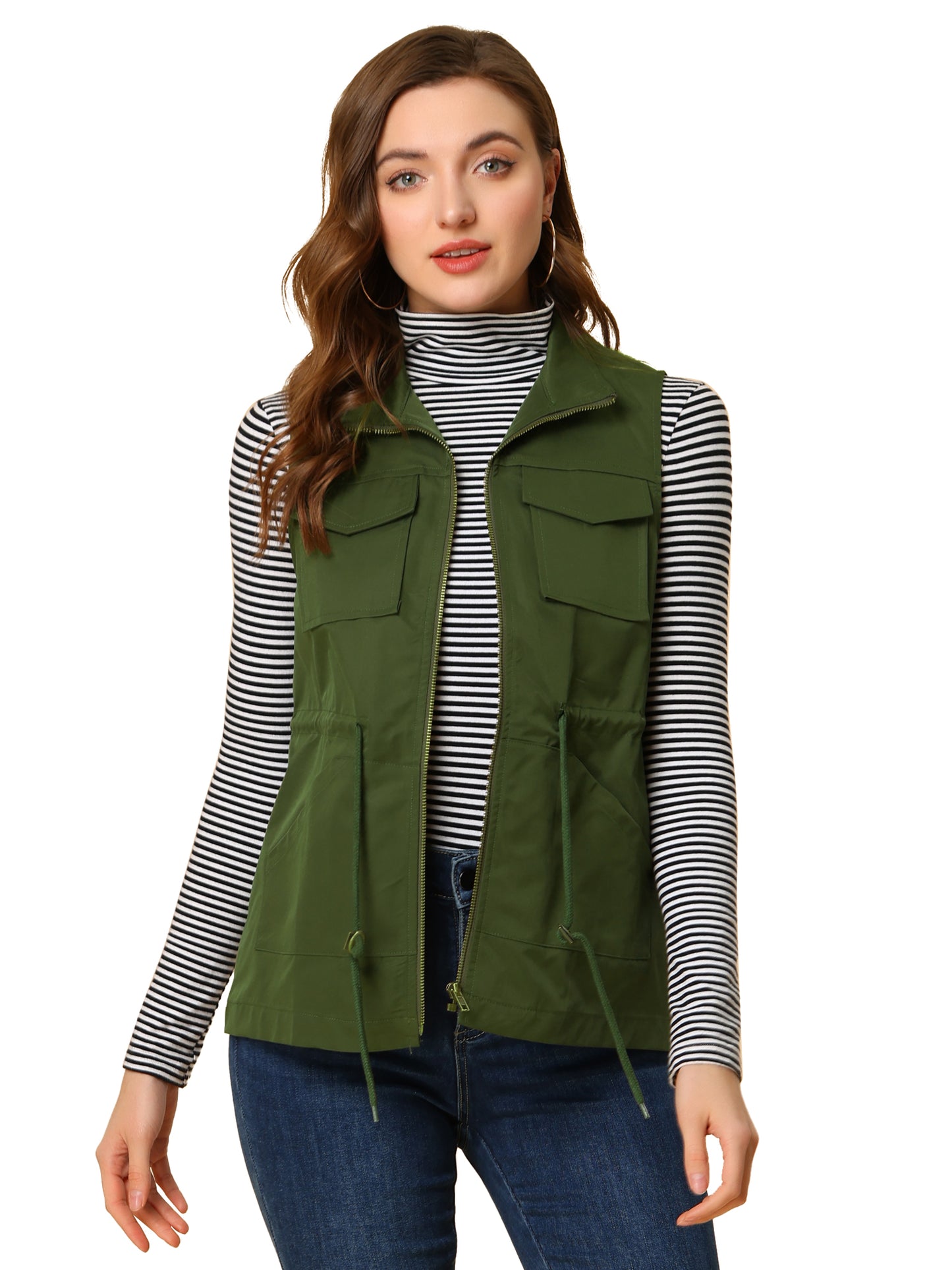 Women's Utility Sleeveless Casual Drawstring Zipper Cargo Vest