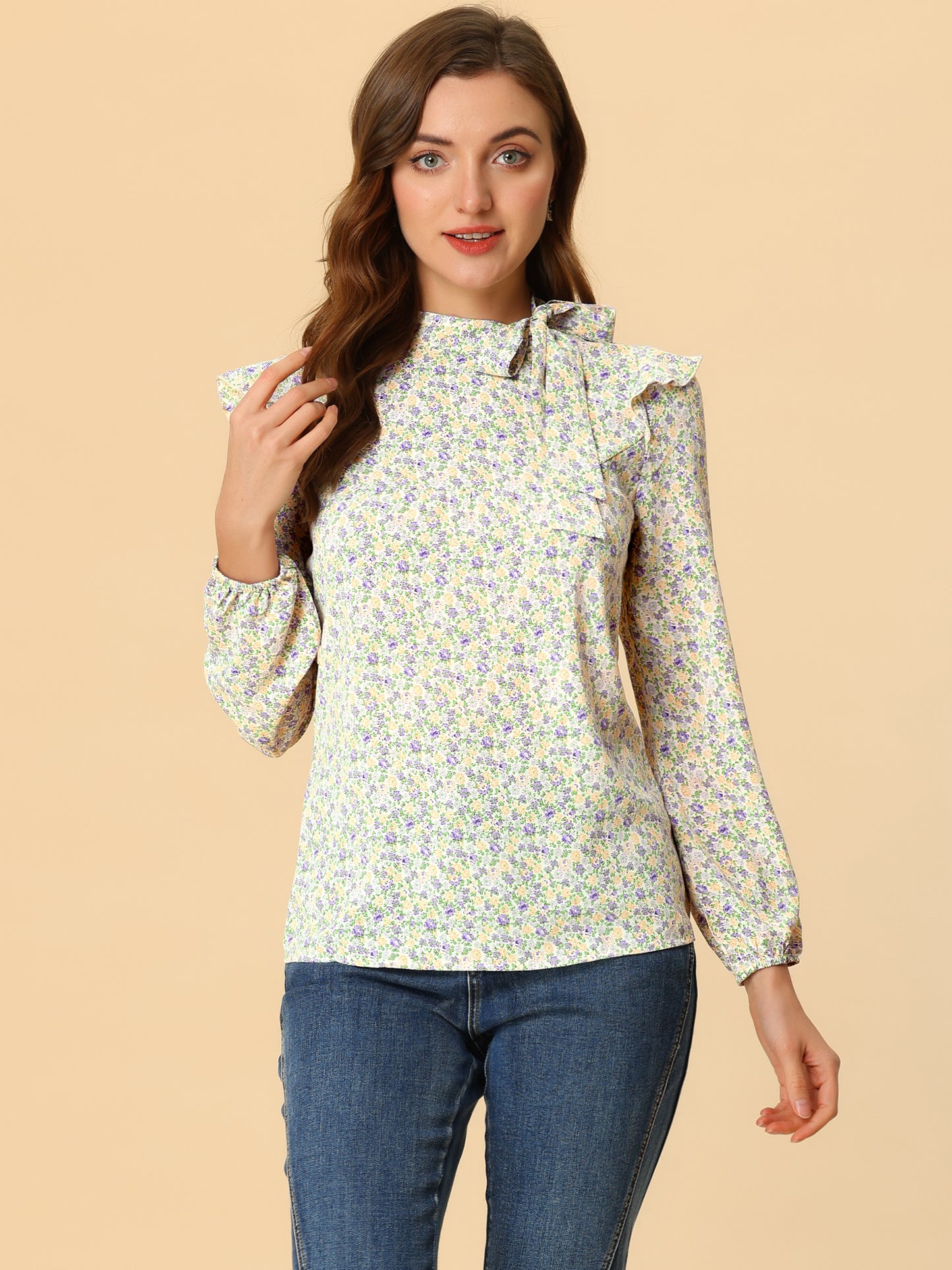 Women's Bow Tie Neck Long Sleeve Floral Ruffled Blouse