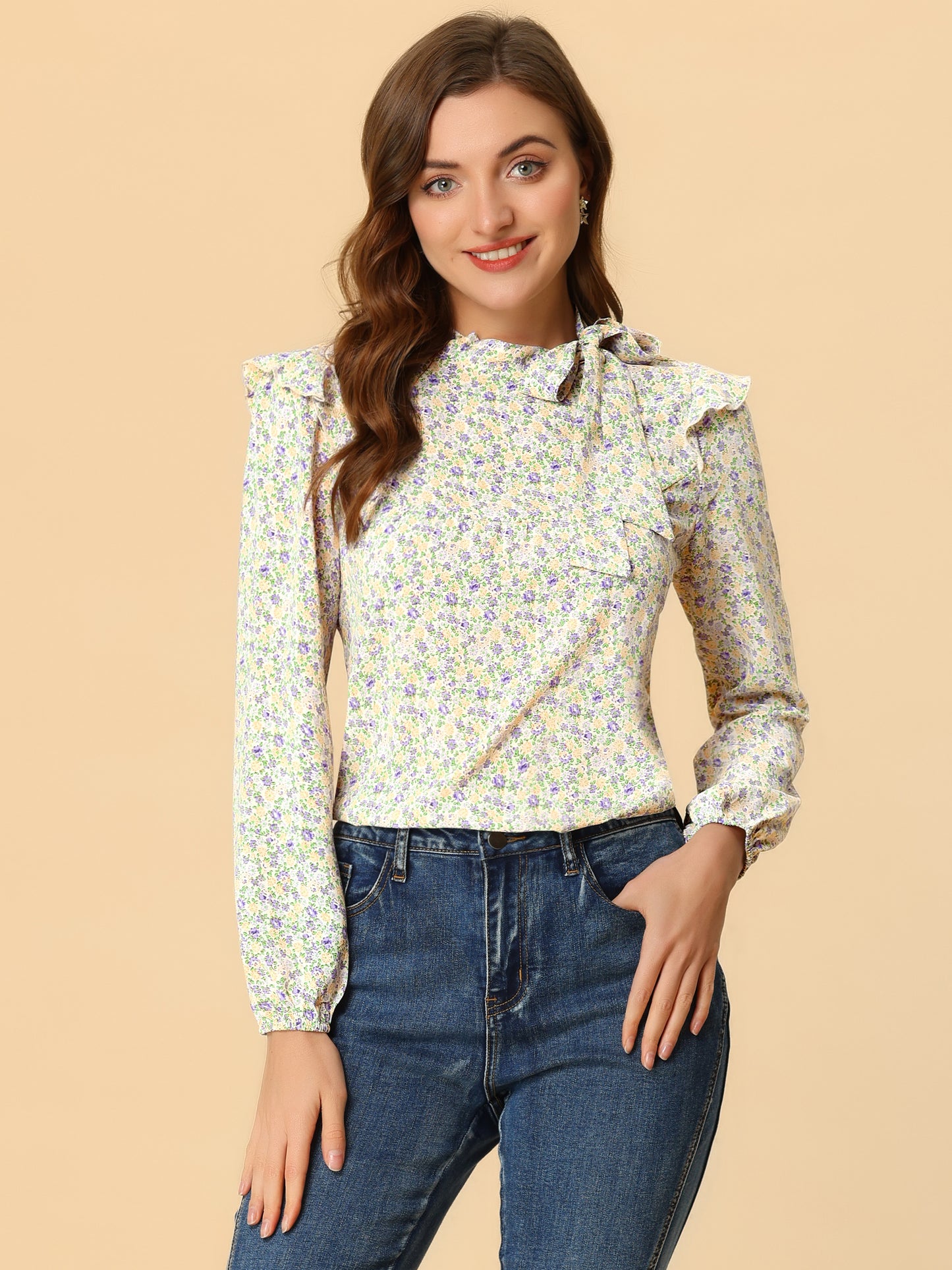 Women's Bow Tie Neck Long Sleeve Floral Ruffled Blouse