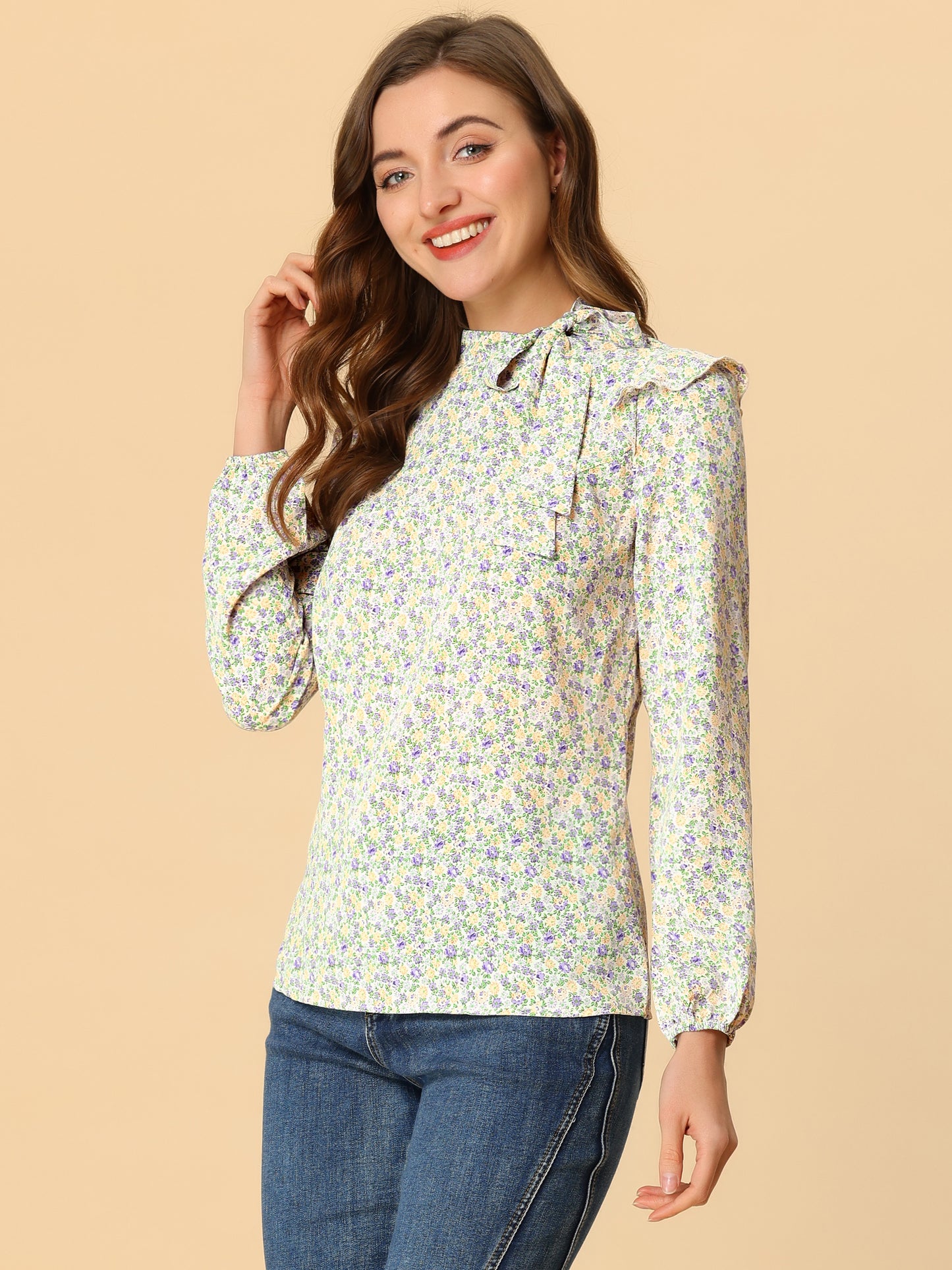 Women's Bow Tie Neck Long Sleeve Floral Ruffled Blouse