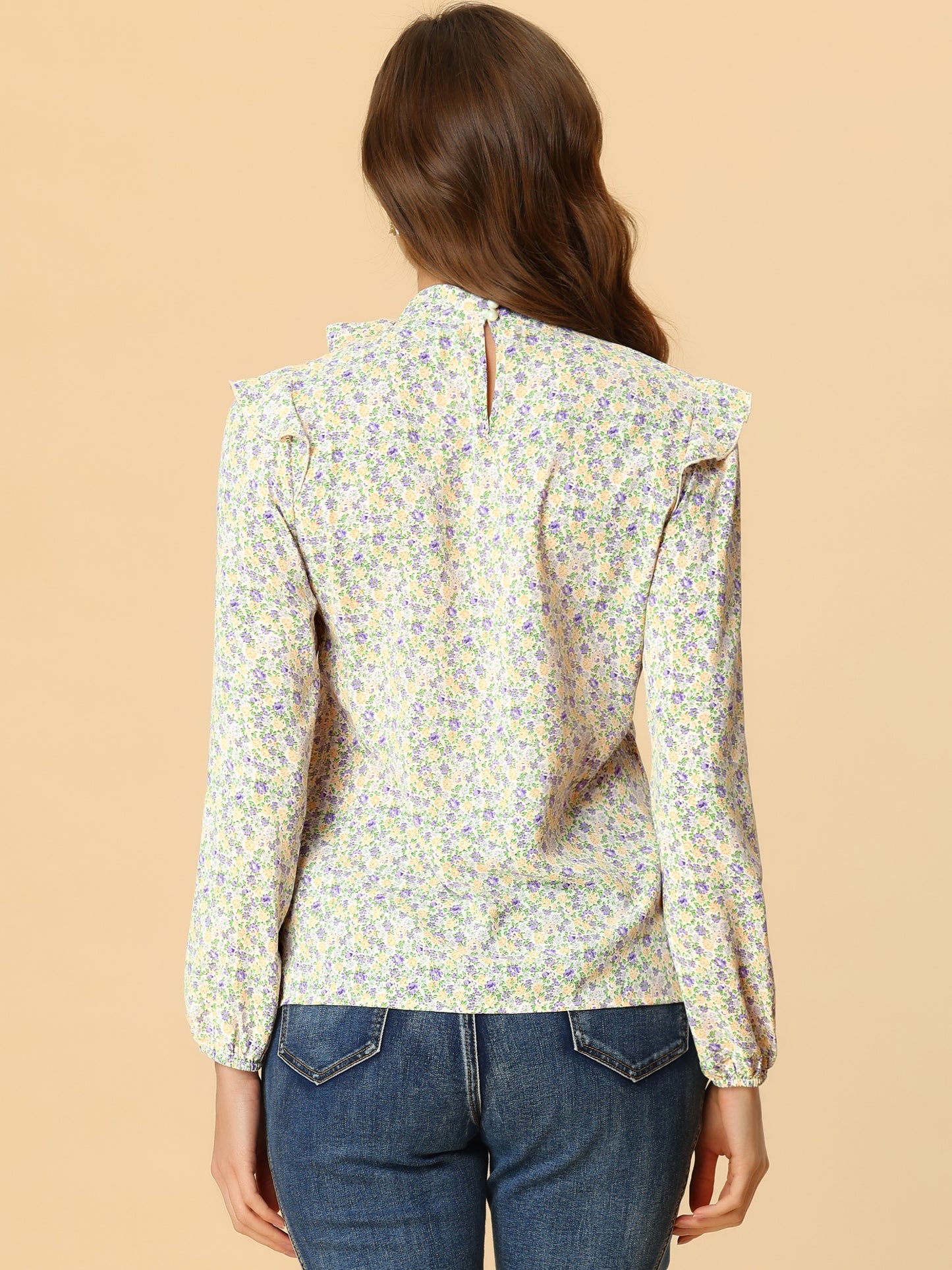 Women's Bow Tie Neck Long Sleeve Floral Ruffled Blouse