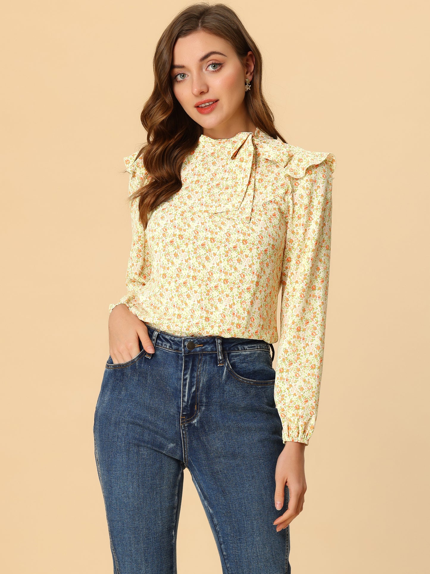 Women's Bow Tie Neck Long Sleeve Floral Ruffled Blouse