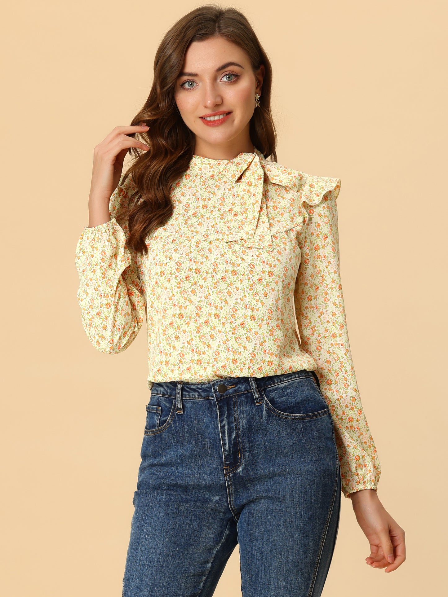 Women's Bow Tie Neck Long Sleeve Floral Ruffled Blouse