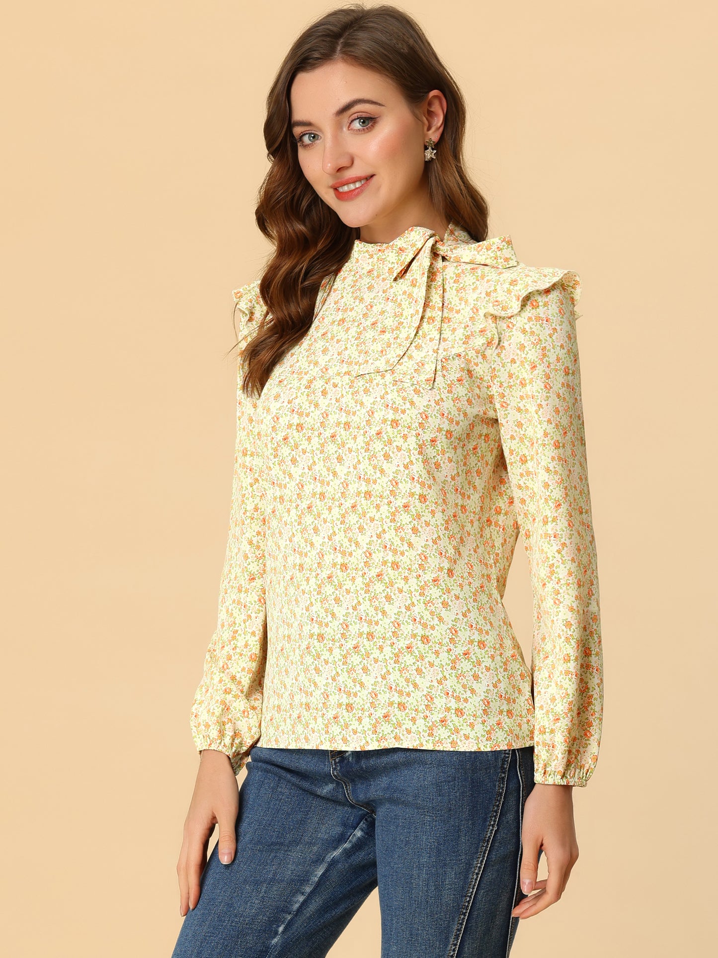 Women's Bow Tie Neck Long Sleeve Floral Ruffled Blouse