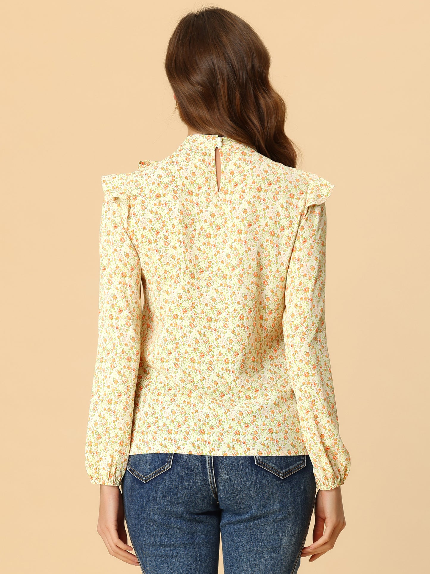Women's Bow Tie Neck Long Sleeve Floral Ruffled Blouse