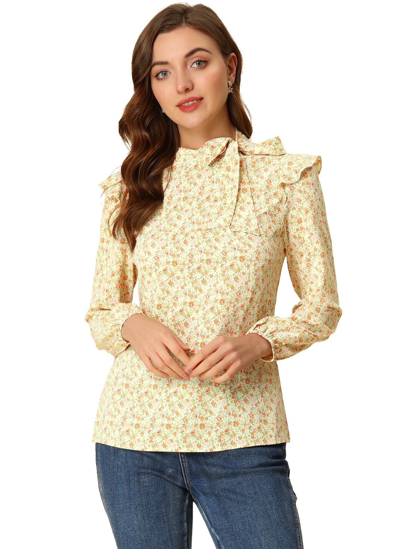 Women's Bow Tie Neck Long Sleeve Floral Ruffled Blouse