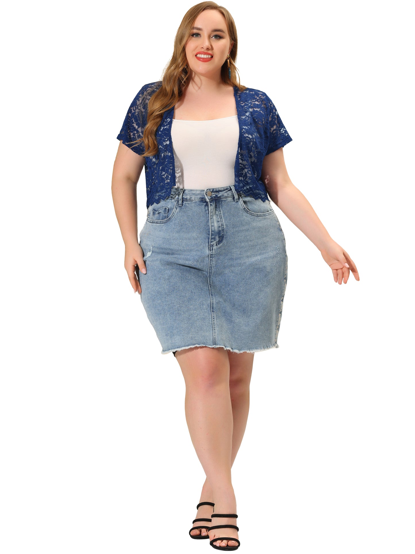 Women Plus Size Bolero Shrugs Open Front Short Sleeve Crochet Lace Cropped Cardigans