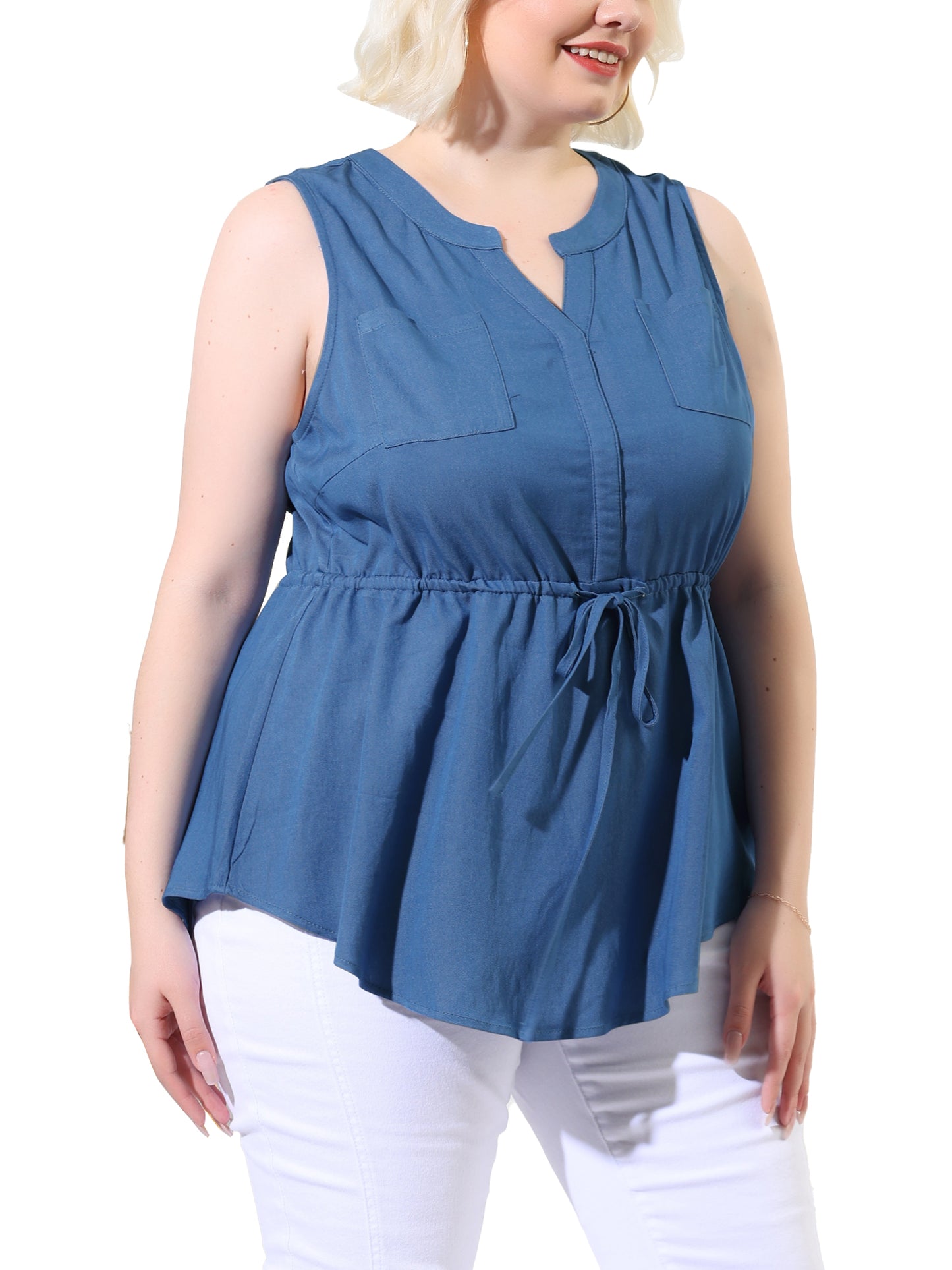 Women Plus Size Chambray Tank Sleeveless Shirt V Neck Drawstring Waist Denim Top