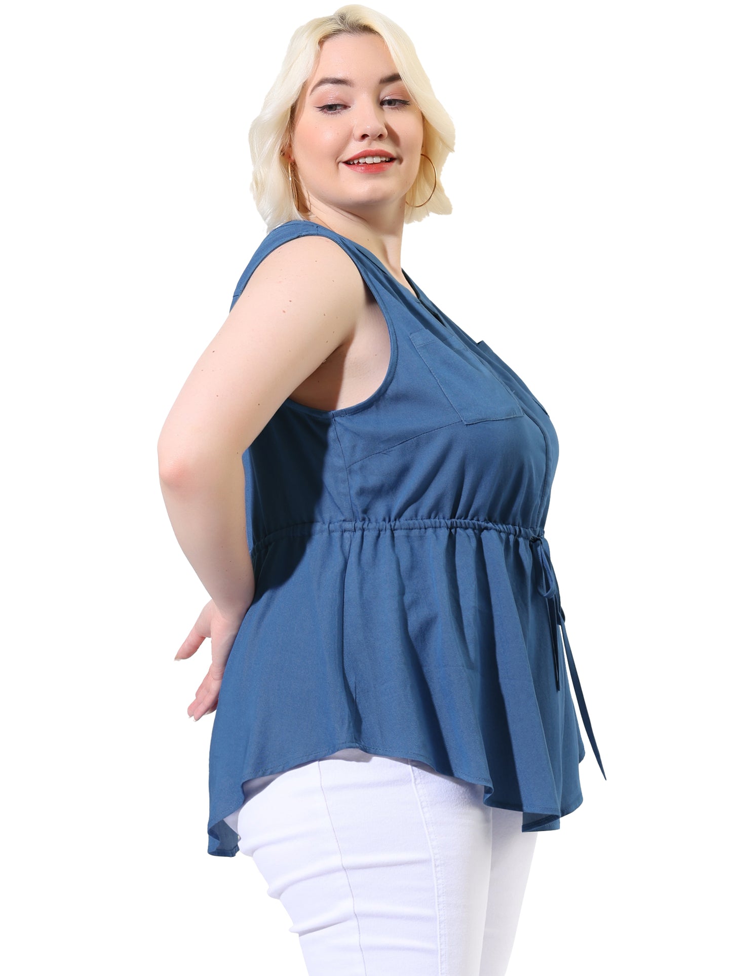 Women Plus Size Chambray Tank Sleeveless Shirt V Neck Drawstring Waist Denim Top