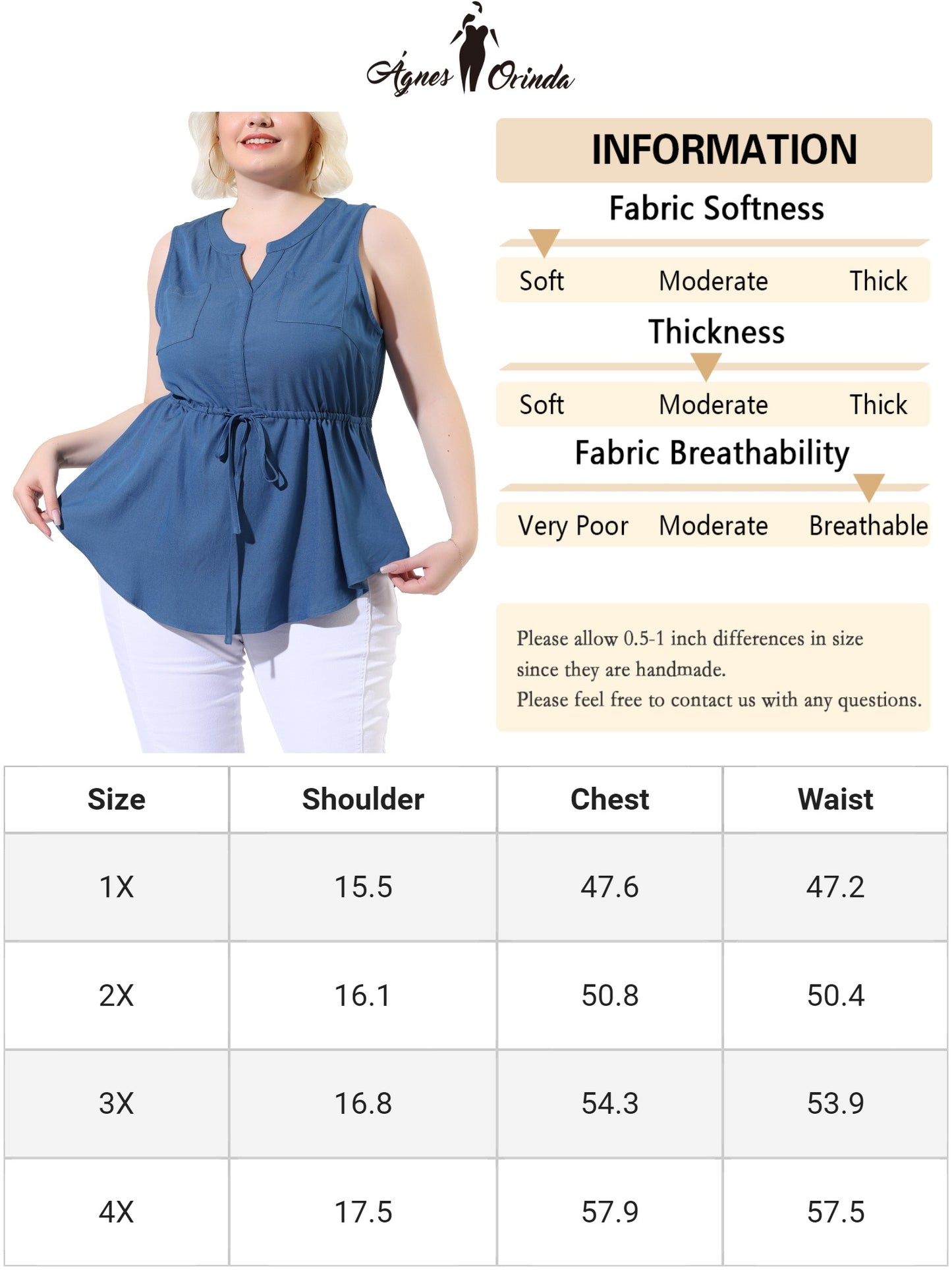 Women Plus Size Chambray Tank Sleeveless Shirt V Neck Drawstring Waist Denim Top