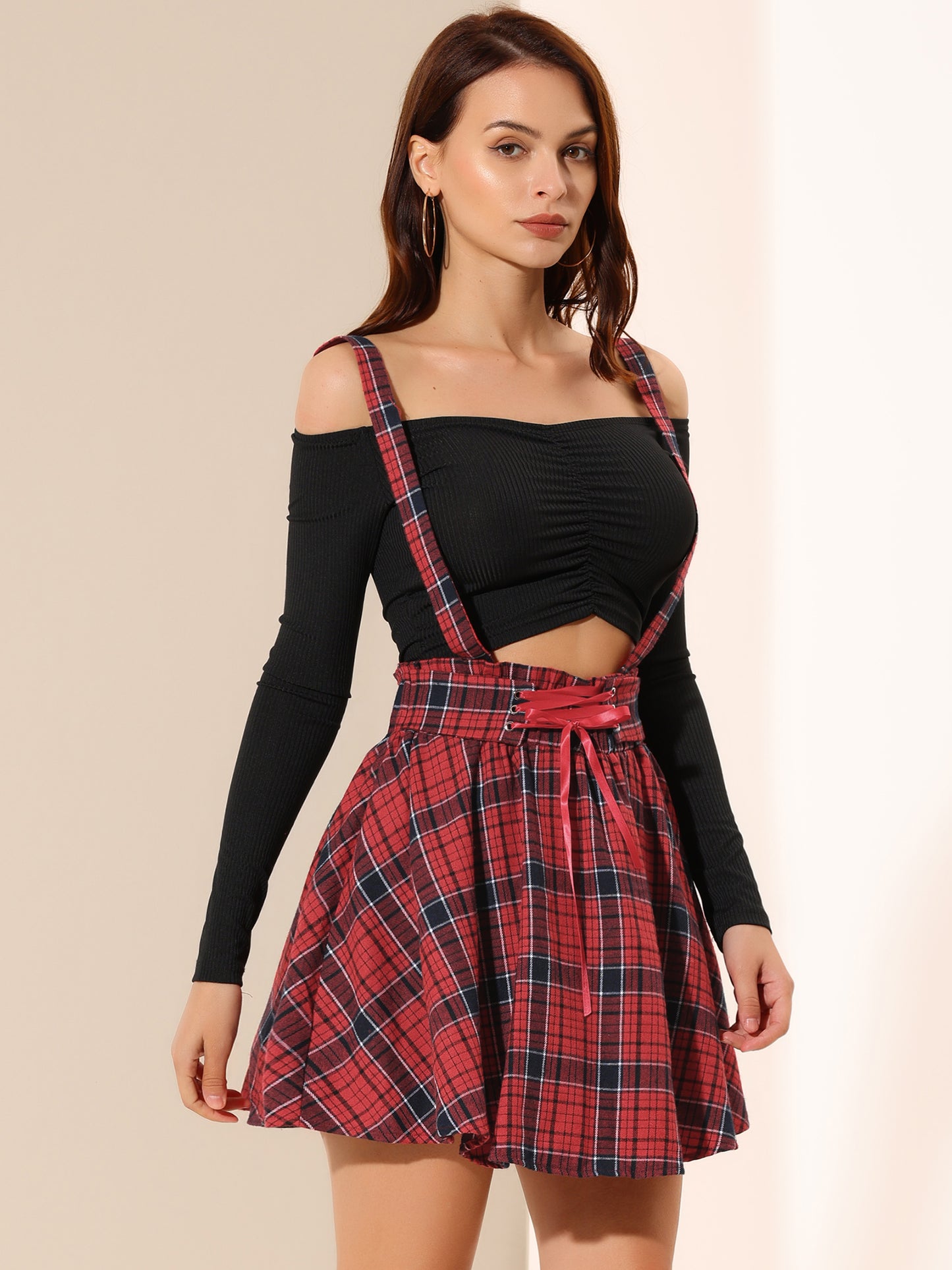 Falda gótica de tartán para mujer, cintura alta, tirantes desmontables