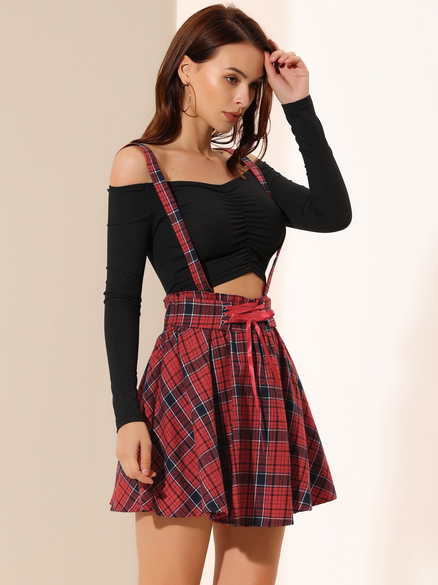 Falda gótica de tartán para mujer, cintura alta, tirantes desmontables