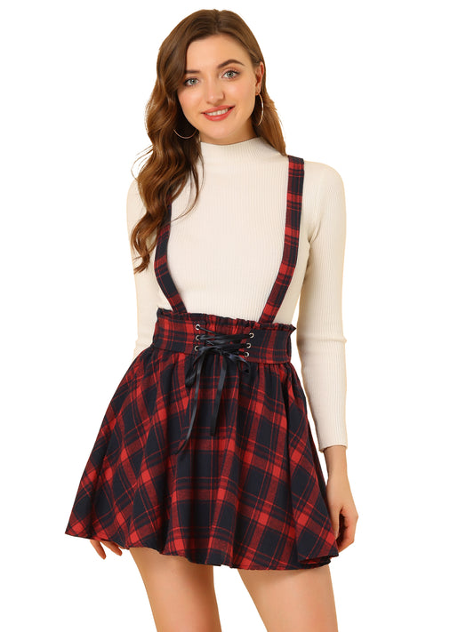 Women's Tartan Skirt Gothic Plaid High Waist Detachable Suspender Skirts