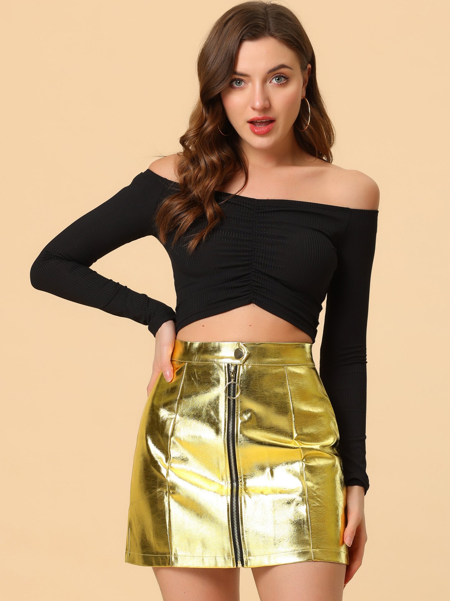 Women's Mini Skirt Shiny High Waist Zipper Short Skirt Partywear