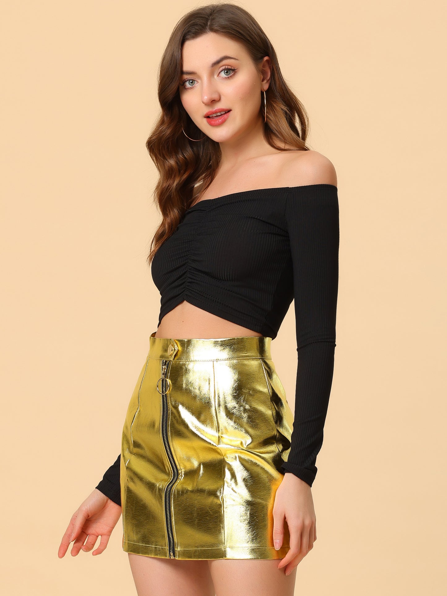 Women's Mini Skirt Shiny High Waist Zipper Short Skirt Partywear