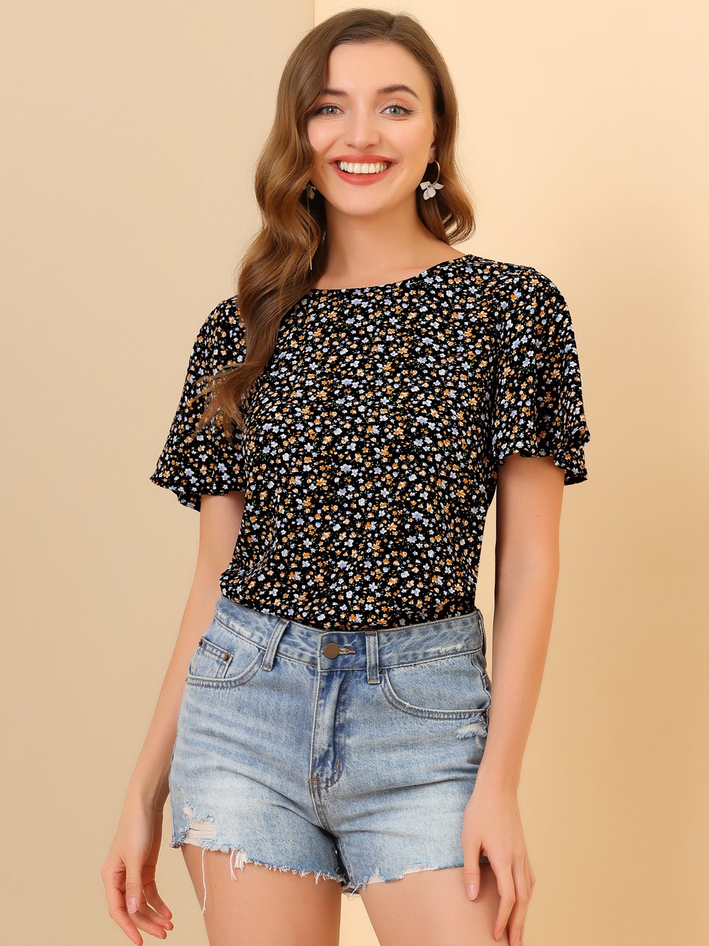 Women's Floral Chiffon Summer Flutter Sleeve Blouse