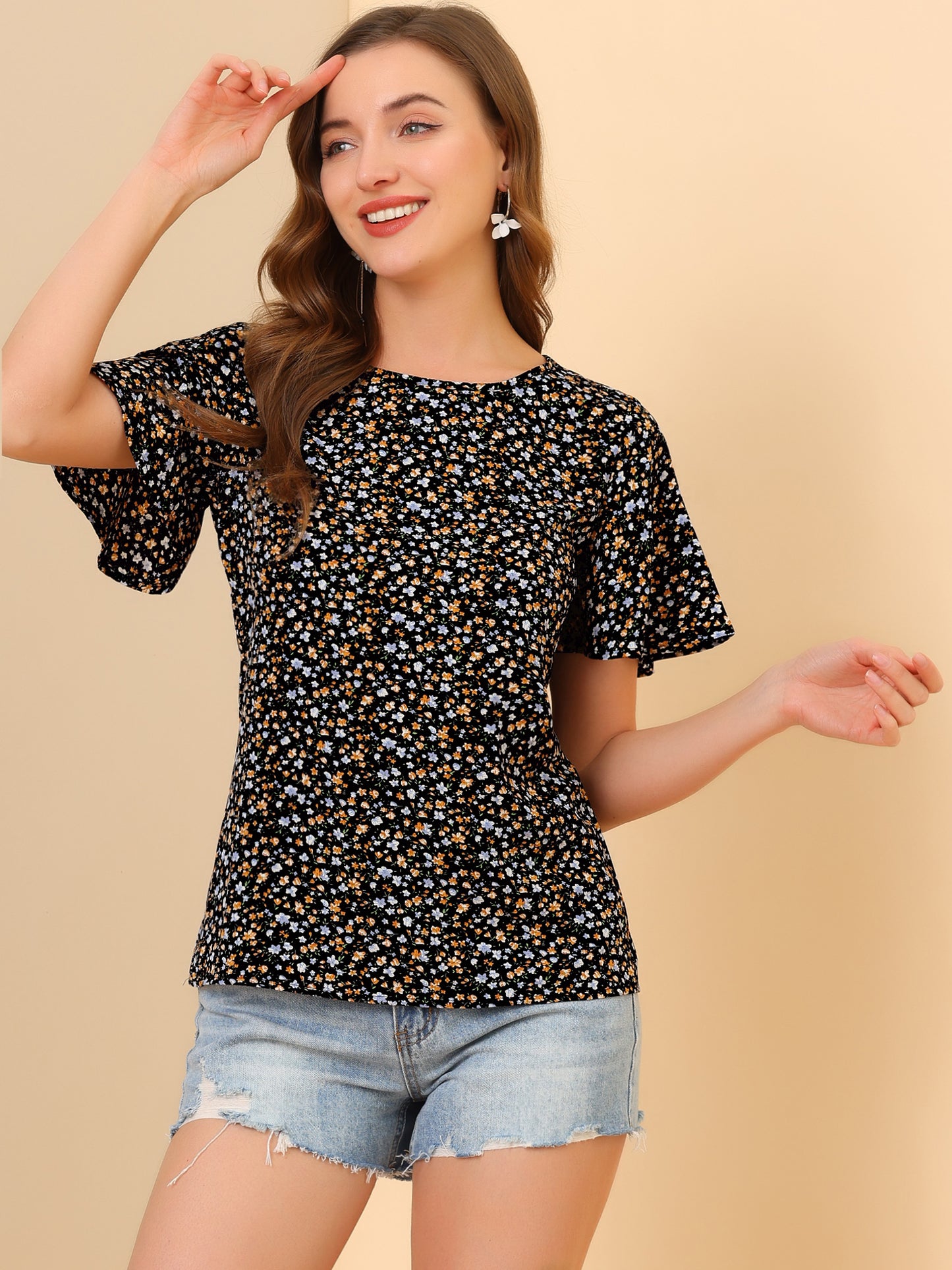 Women's Floral Chiffon Summer Flutter Sleeve Blouse