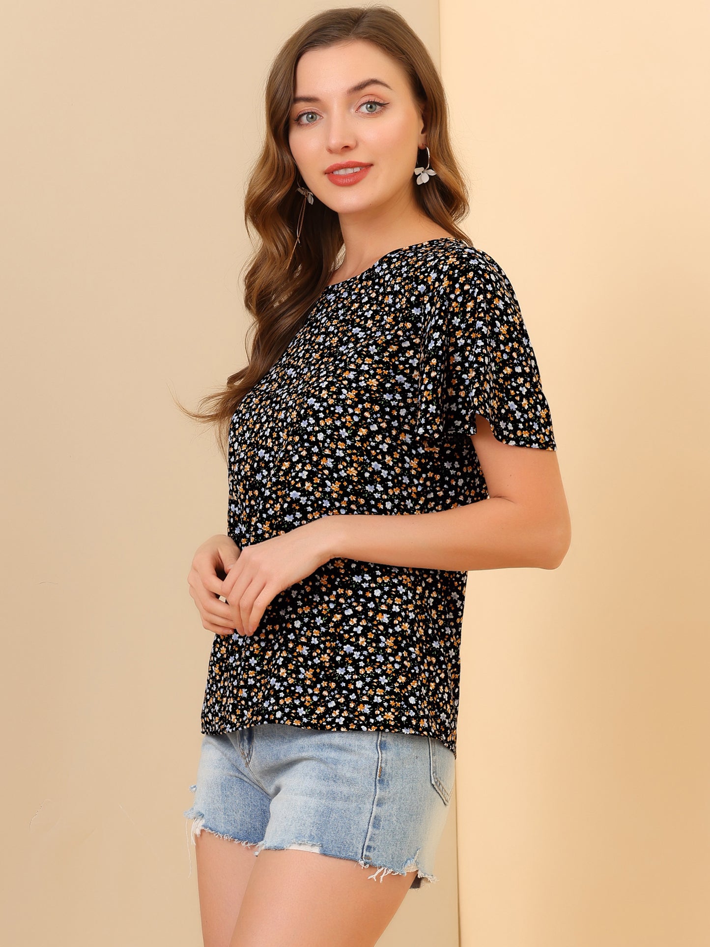 Women's Floral Chiffon Summer Flutter Sleeve Blouse