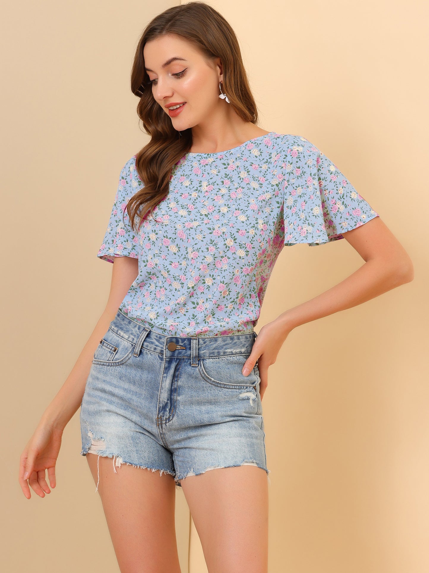 Women's Floral Chiffon Summer Flutter Sleeve Blouse