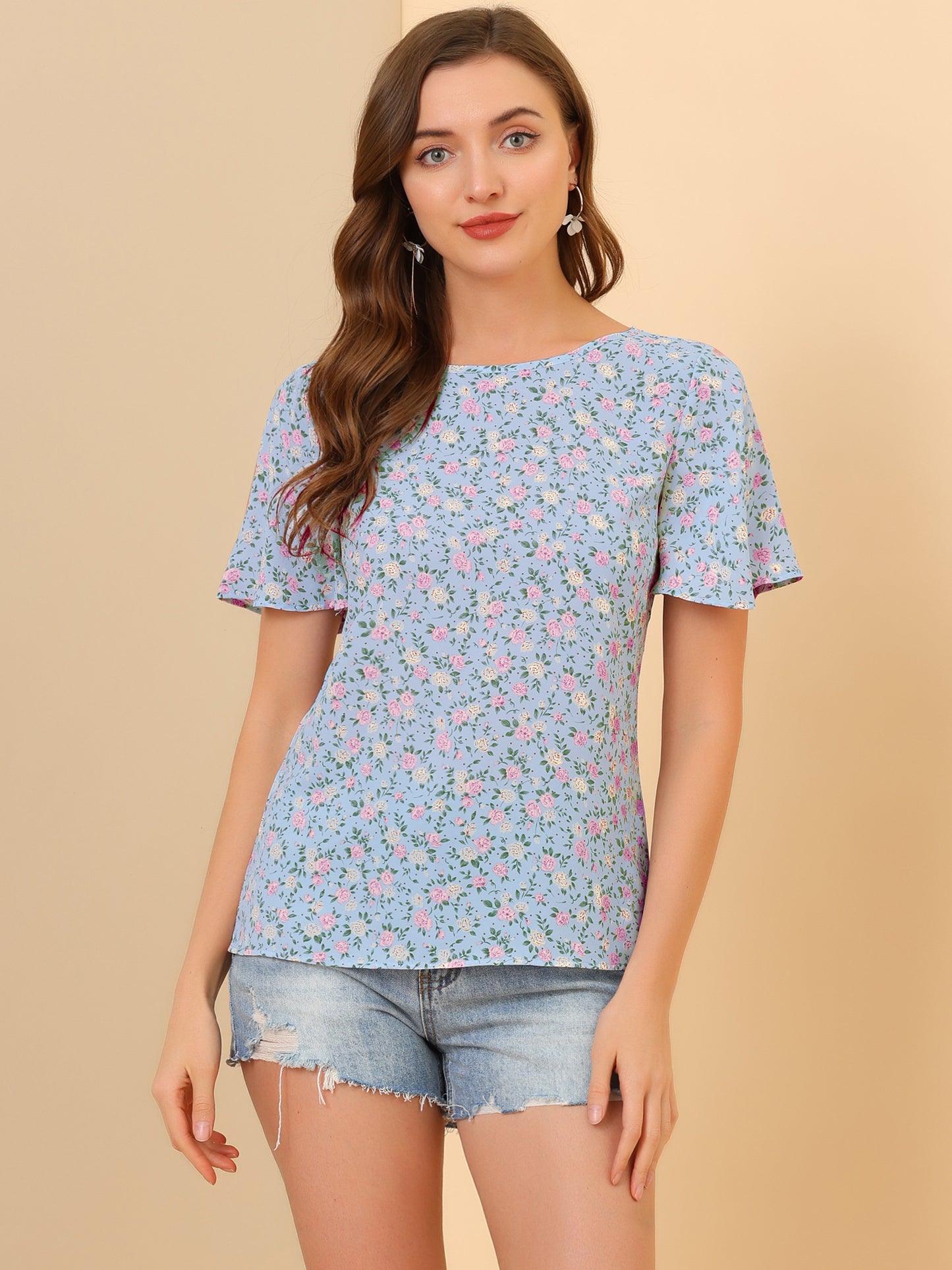Women's Floral Chiffon Summer Flutter Sleeve Blouse