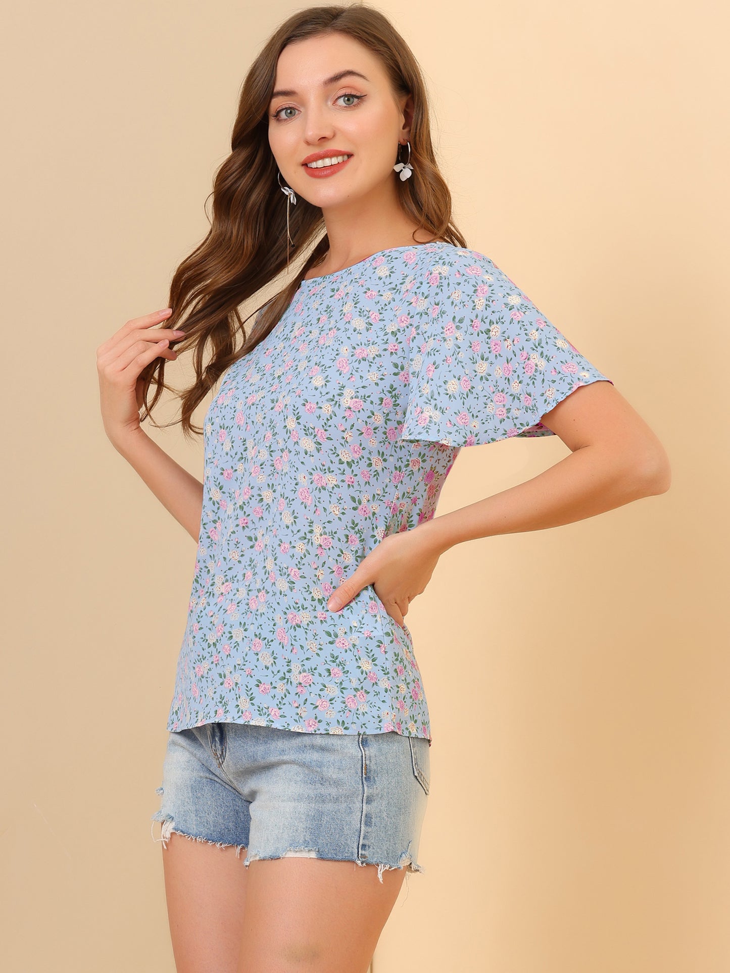 Women's Floral Chiffon Summer Flutter Sleeve Blouse