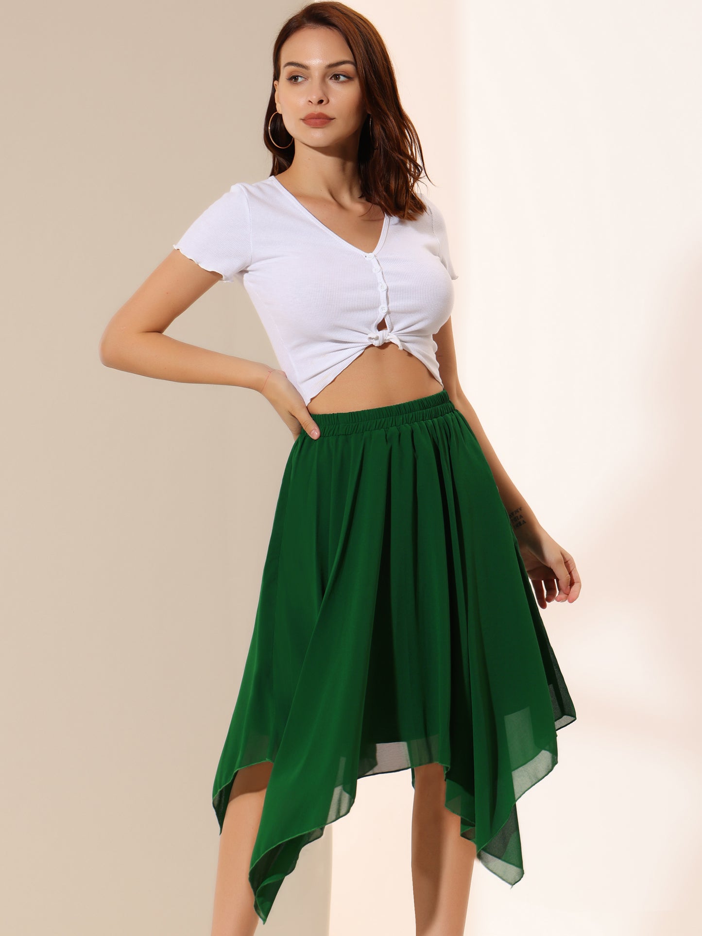 Falda midi de gasa con cintura elástica y dobladillo asimétrico para mujer, estilo vintage, estilo pañuelo