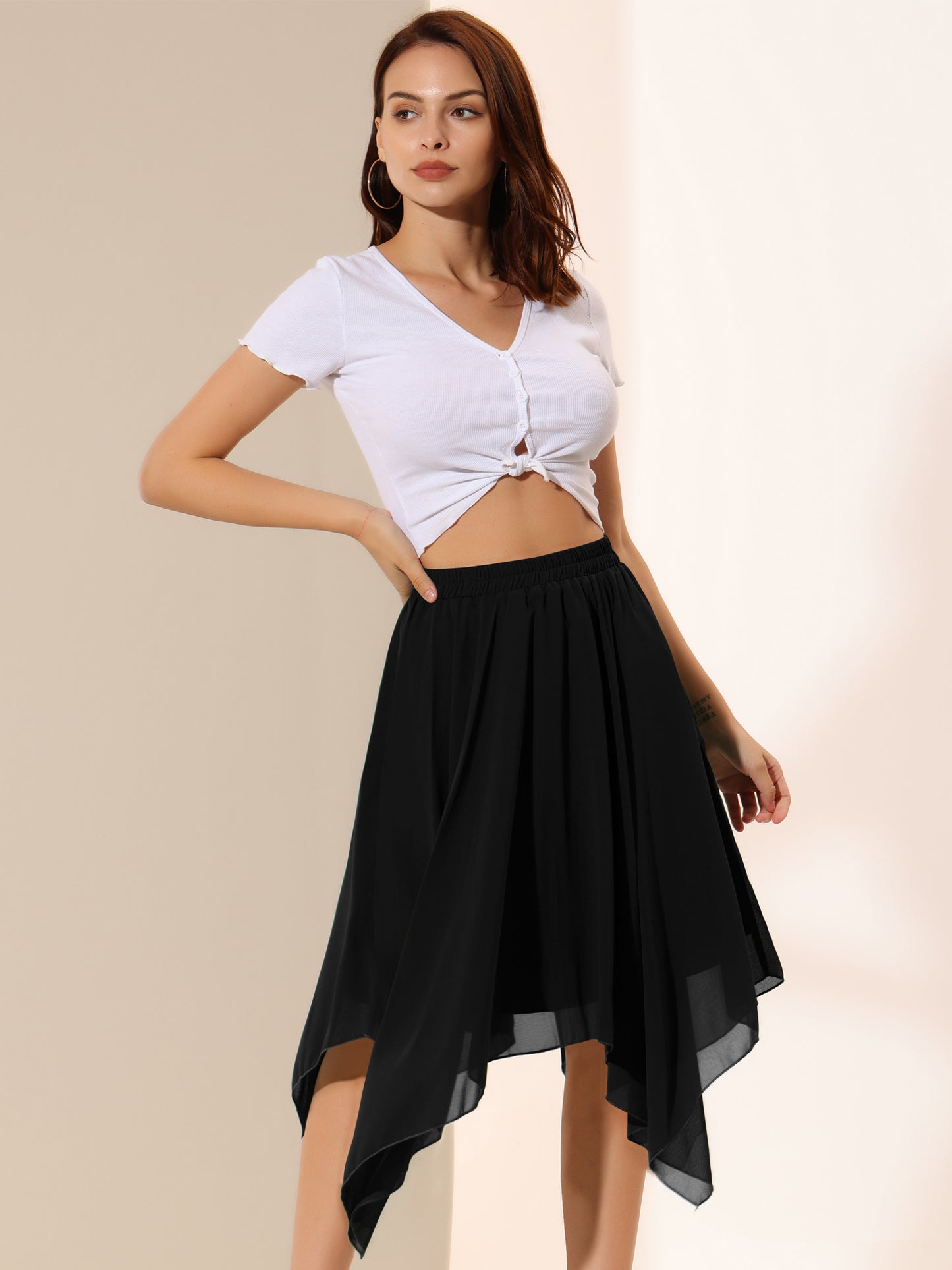 Falda midi de gasa con cintura elástica y dobladillo asimétrico para mujer, estilo vintage, estilo pañuelo