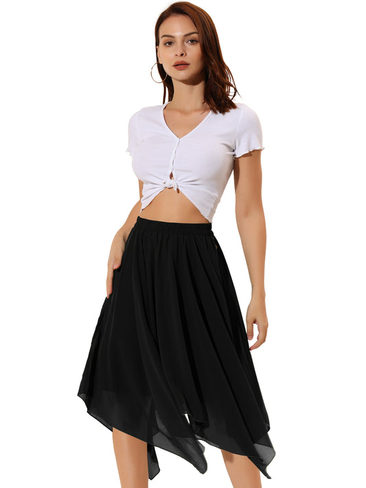 Women's Asymmetrical Hem Elastic Waist Chiffon Flowy Vintage Handkerchief Hemline Midi Skirt