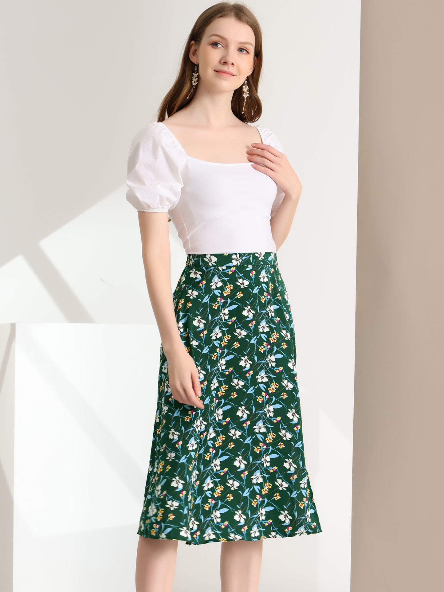 Women's Boho Floral High Waist Split A Line Midi Skirt