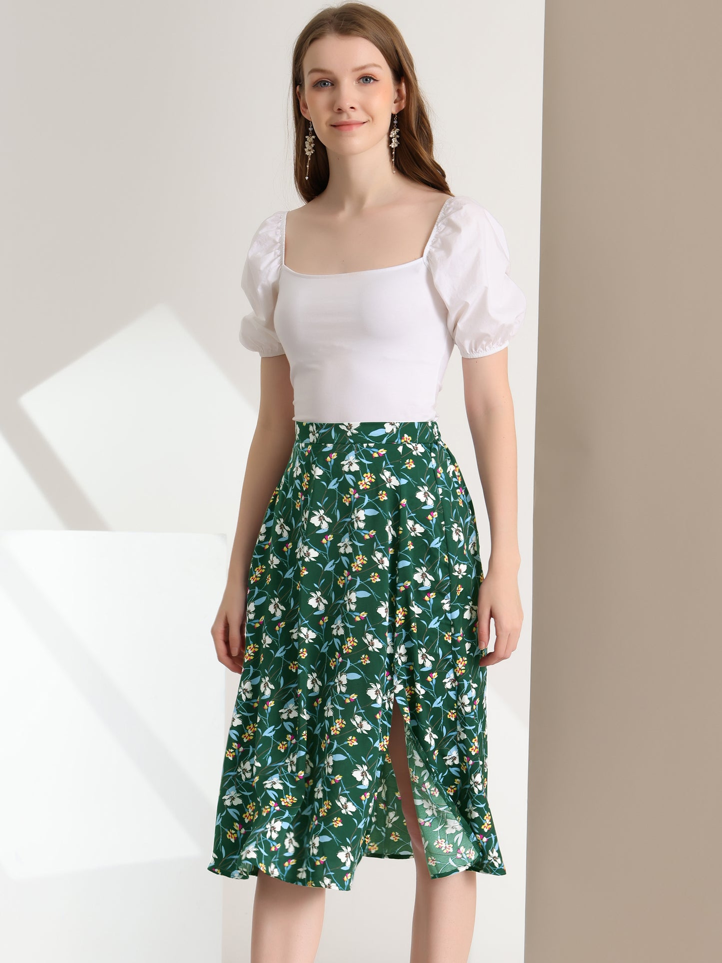 Women's Boho Floral High Waist Split A Line Midi Skirt