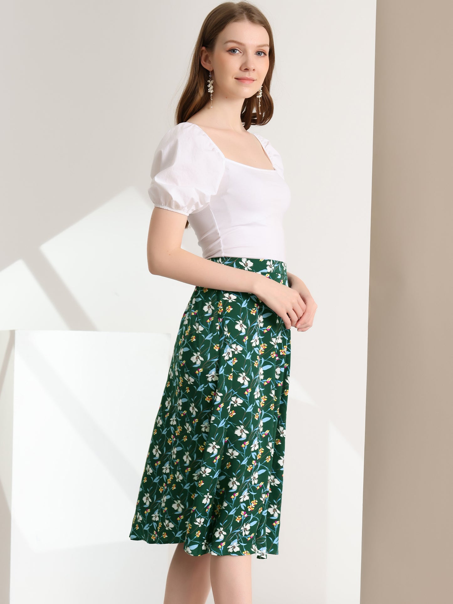 Women's Boho Floral High Waist Split A Line Midi Skirt
