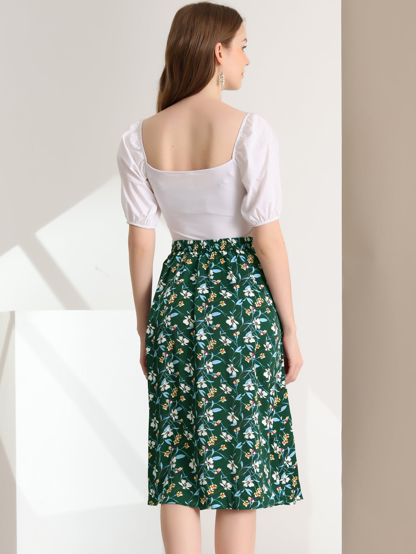 Women's Boho Floral High Waist Split A Line Midi Skirt