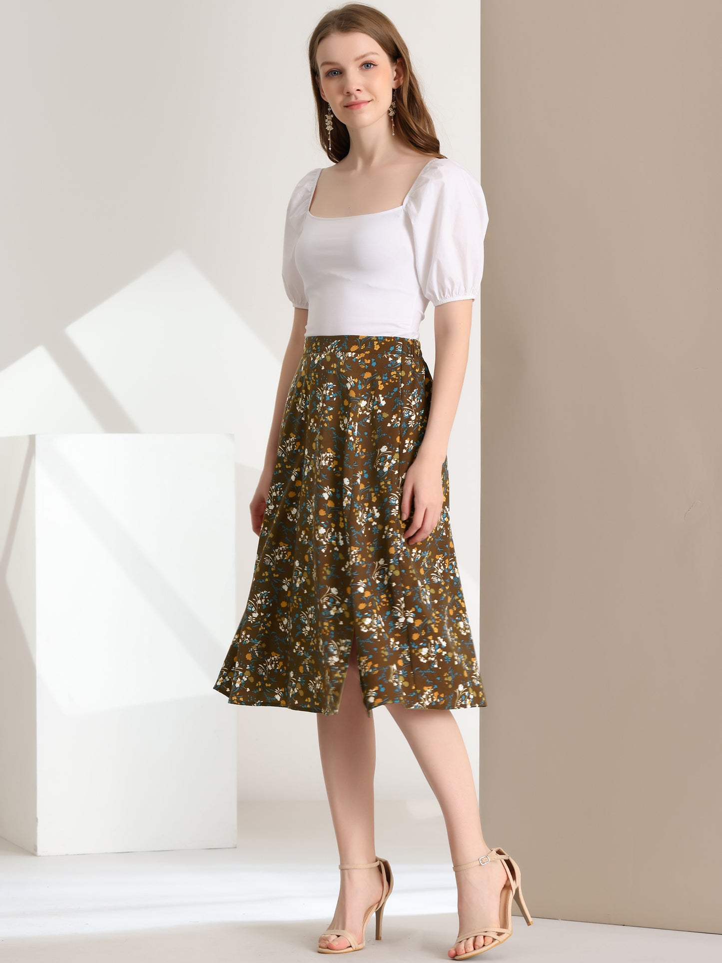 Women's Boho Floral High Waist Split A Line Midi Skirt